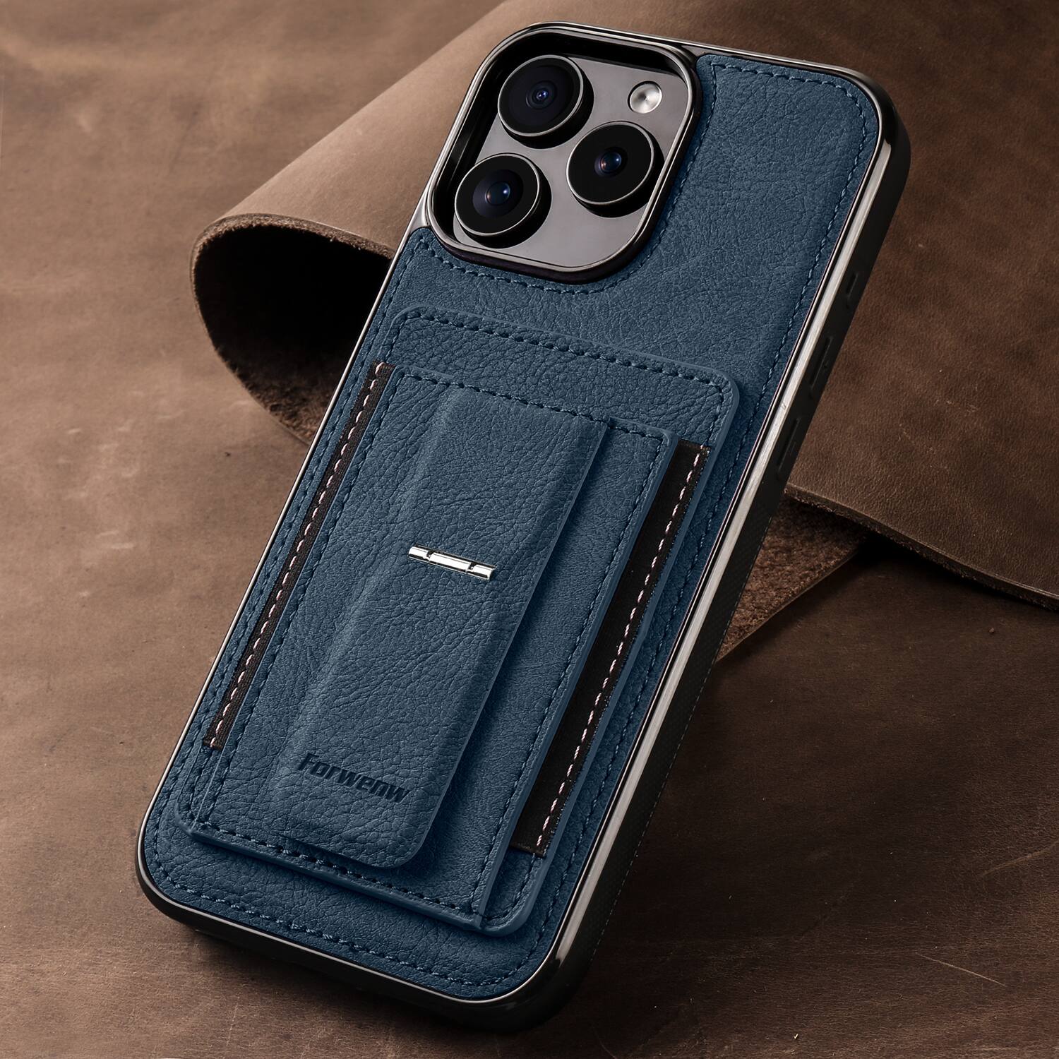 Alt View 3. Dteck - Slim Card Holder Case for Apple iPhone 16 Pro, Shockproof Wallet Protective Cover with Kickstand - Blue.