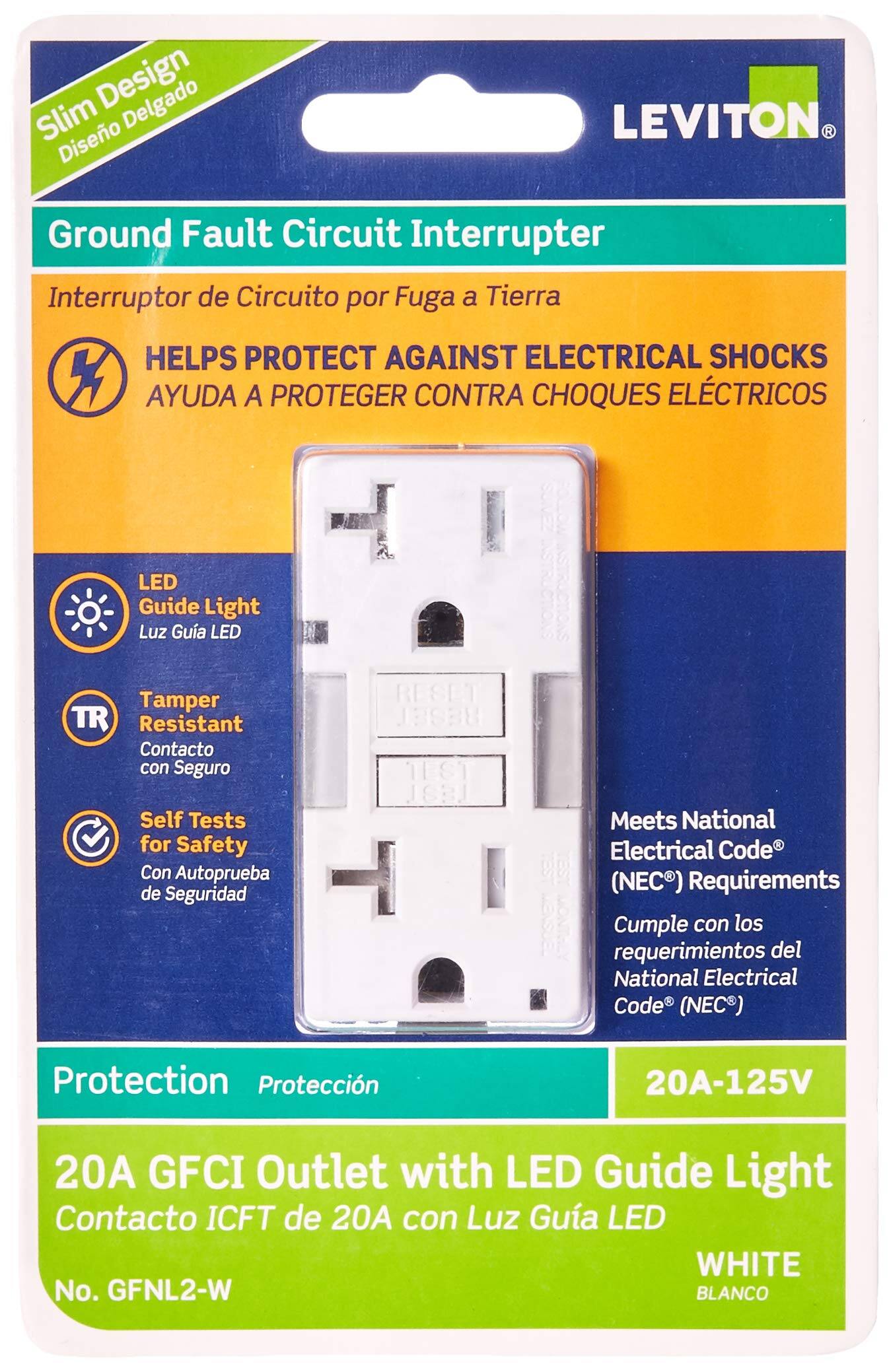 Slim Design Delgado Diseño LEVITON Ground Fault Circuit Interrupter Interruptor de Circuito por Fuga a Tierra HELPS PROTECT AGAINST ELECTRICAL SHOCKS AYUDA A PROTEGER CONTRA CHOQUES ELÉCTRICOS LED Guide Light Luz Guía LED Tamper TR Resistant Contacto con Seguro Self Tests for Safety Con Autoprueba de Seguridad RESET TEST JSBJ Meets National Electrical Code (NEC) Requirements Cumple con los requerimientos del National Electrical Code (NEC) Protection Protección 20A-125V 20A GFCI Outlet with LED Guide Light Contacto ICFT de 20A con Luz Guía LED WHITE No. GFNL2-W BLANCO