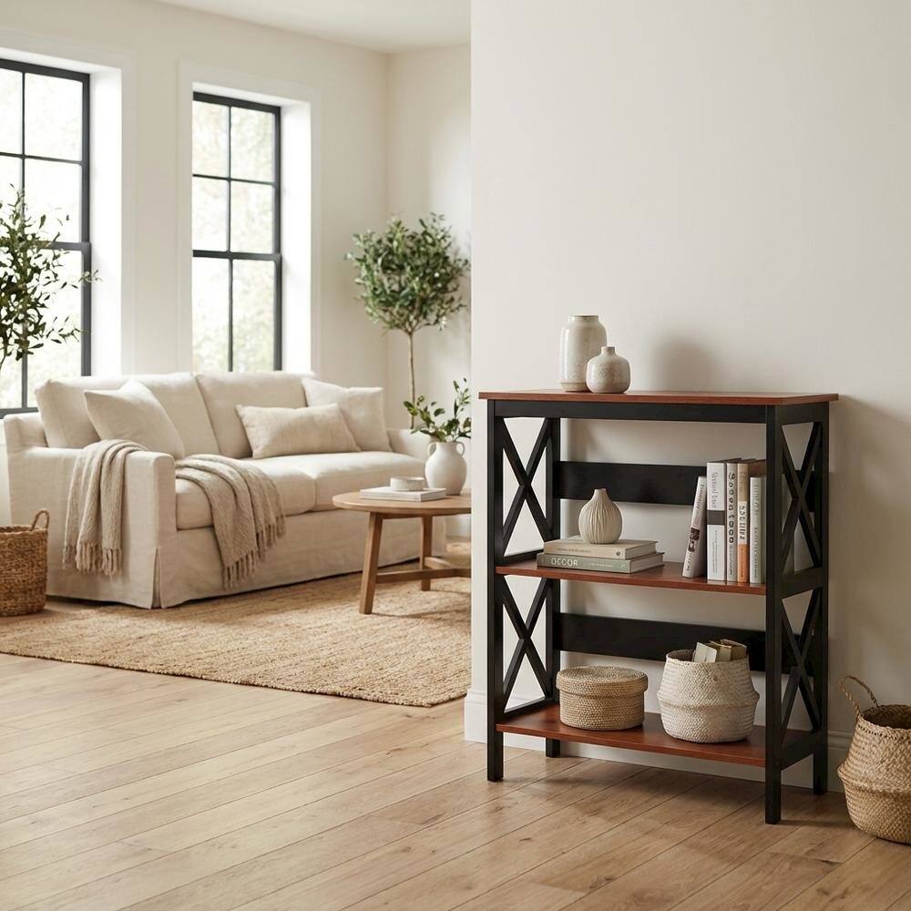 Alt View 1. FurniFact - Wooden 3-Tier Bookcase with Non-Lead Base Paint for Home and Office Storage - Cherry.