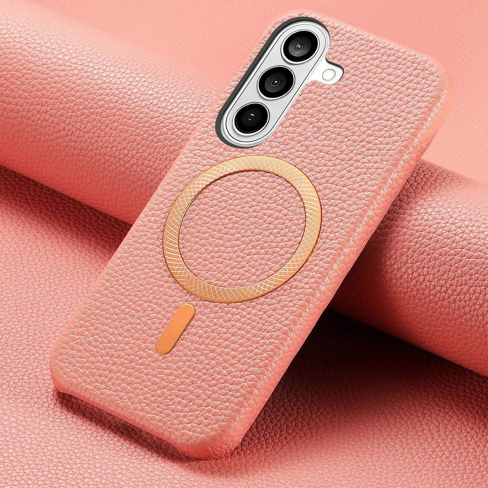 Alt View 4. Dteck - Lychee Texture Case for Samsung Galaxy S26, Premium PU Leather Magnetic Shockproof Hard PC Cover with Raised Edges - Pink.