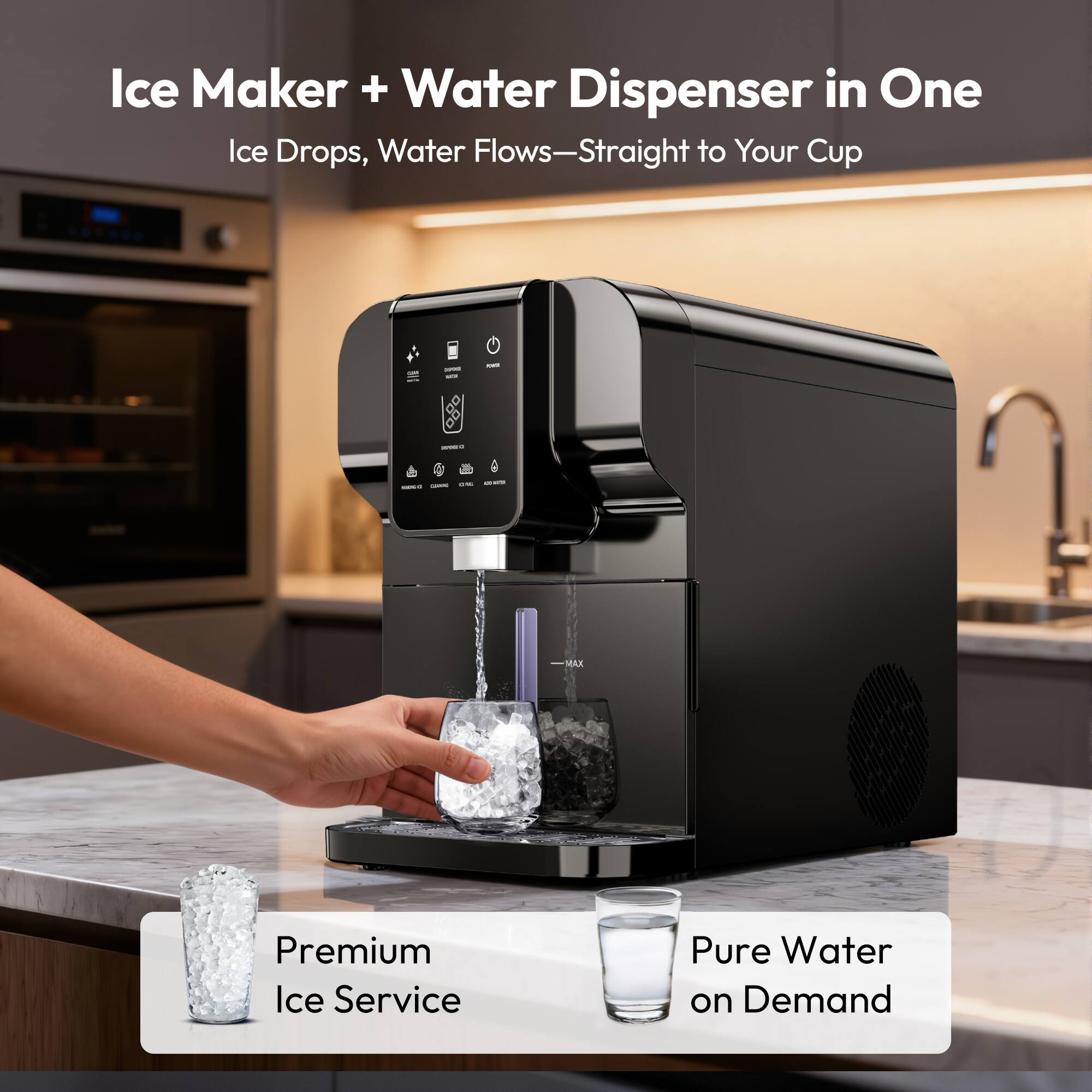 Ice Maker + Water Dispenser in One  
Ice Drops, Water Flows—Straight to Your Cup  

Premium Ice Service  
Pure Water on Demand