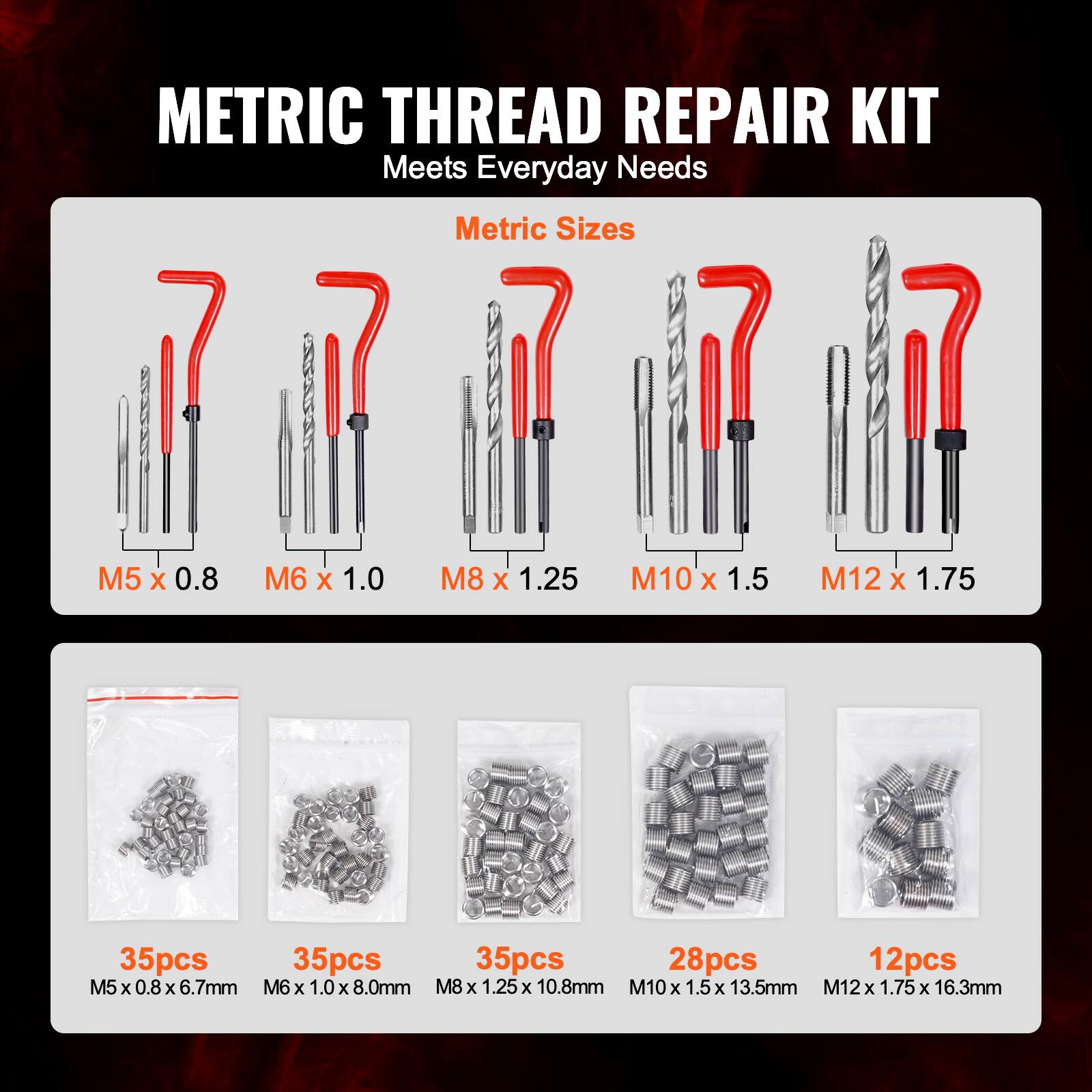 METRIC THREAD REPAIR KIT  
Meets Everyday Needs  

Metric Sizes  
M5 x 0.8  
M6 x 1.0  
M8 x 1.25  
M10 x 1.5  
M12 x 1.75  

35pcs M5 x 0.8 x 6.7mm  
35pcs M6 x 1.0 x 8.0mm  
35pcs M8 x 1.25 x 10.8mm  
28pcs M10 x 1.5 x 13.5mm  
12pcs M12 x 1.75 x 16.3mm