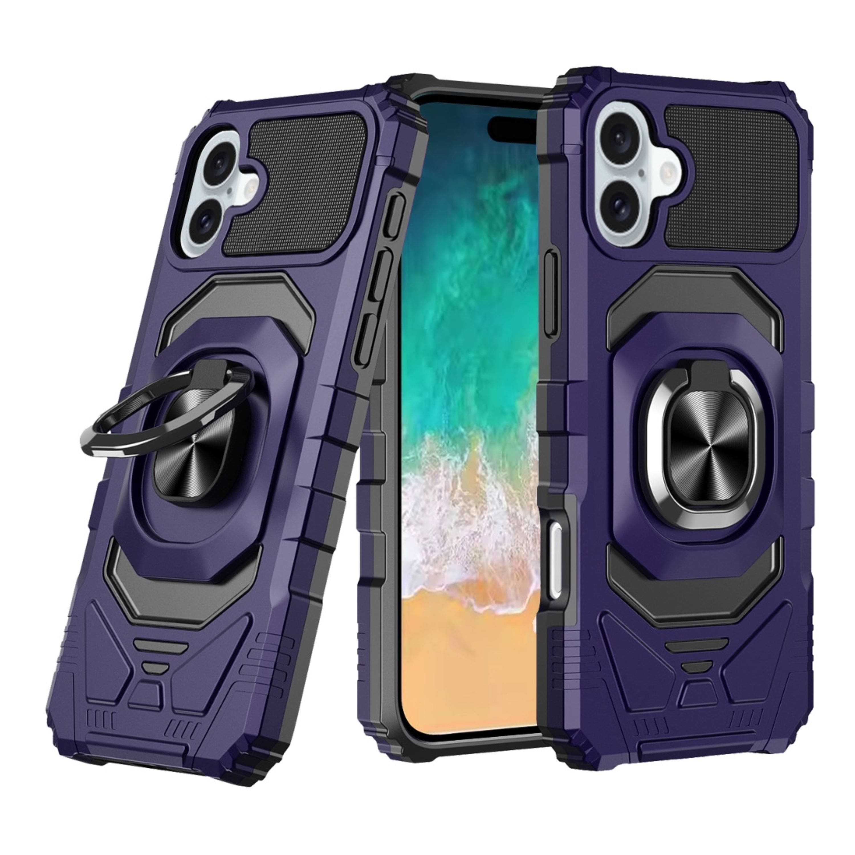 Kitcheniva - Dual Layer Magnetic Ring Stand Phone Case With Tempered Glass For iPhone 16 Plus - Dark Purple