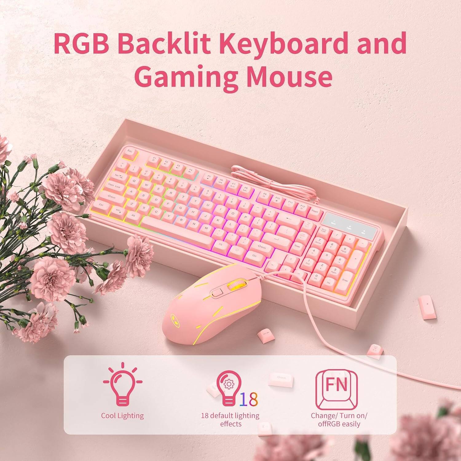 RGB Backlit Keyboard and Gaming Mouse

Cool Lighting
18 default lighting effects
FN Change/ Turn on/ off RGB easily
