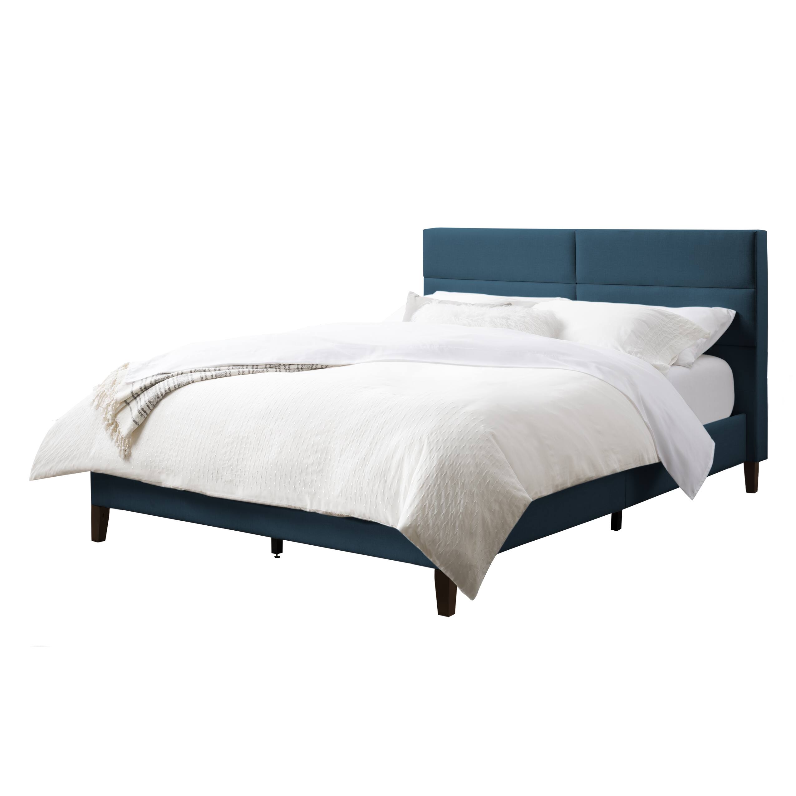 Angle. CorLiving - CorLiving Emerson Ocean Blue Upholstered King Platform Bed Frame with Rectangle Tufted Headboard and Slats - Ocean Blue.