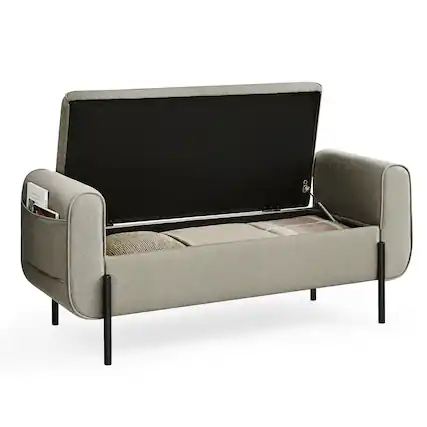 Front. Songmics Home - Storage Bench with Armrests, Ottoman with Storage for Living Room,Storage Ottoman Bench for Bedroom,Entryway,Steel Legs - Camel Brown.