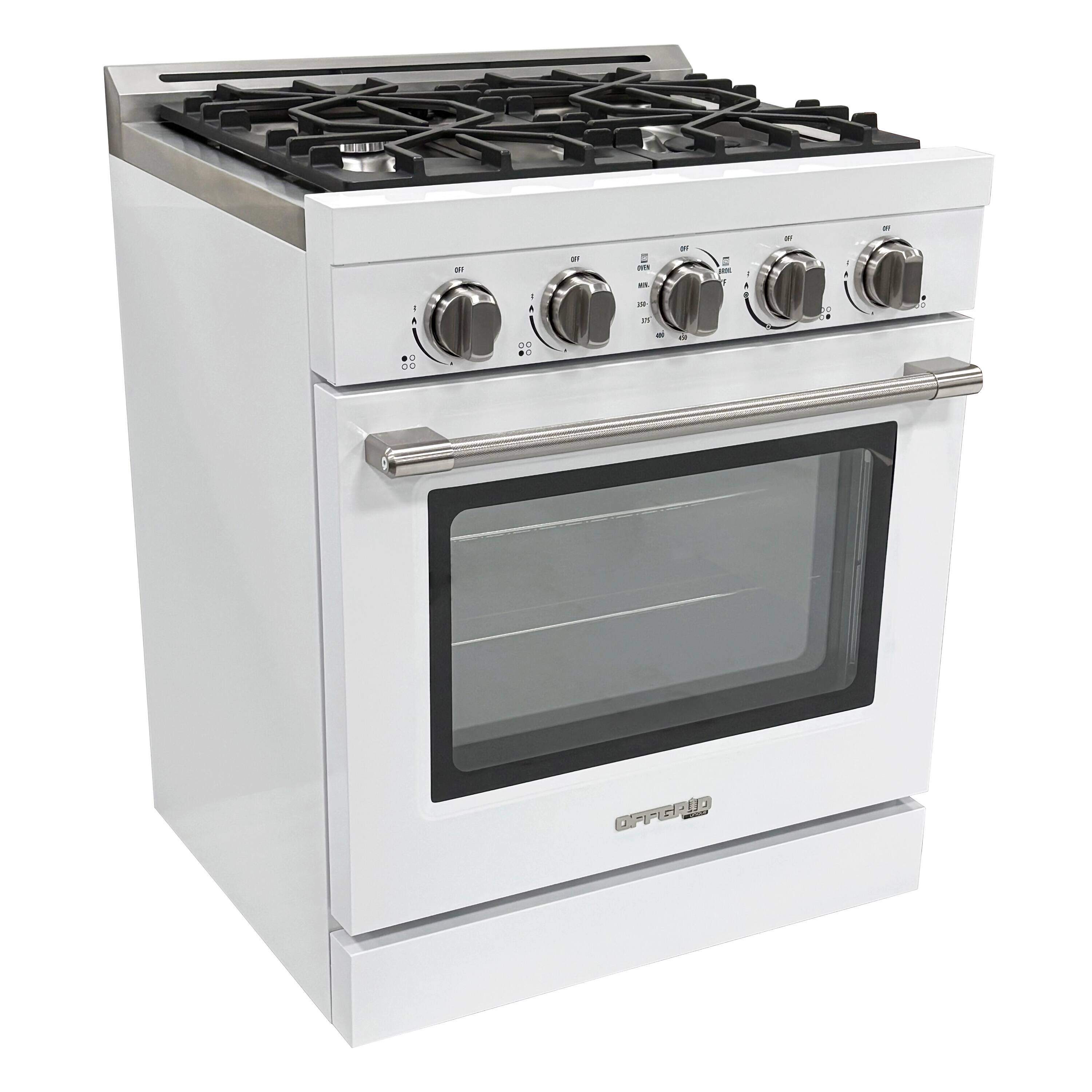 Left. Unique Appliances - Off-Grid 30 in. Wide 4 Burner 5.1 Cu. Ft. Freestanding LP Gas Range with Waist-High Broiler and Manual Clean - White.