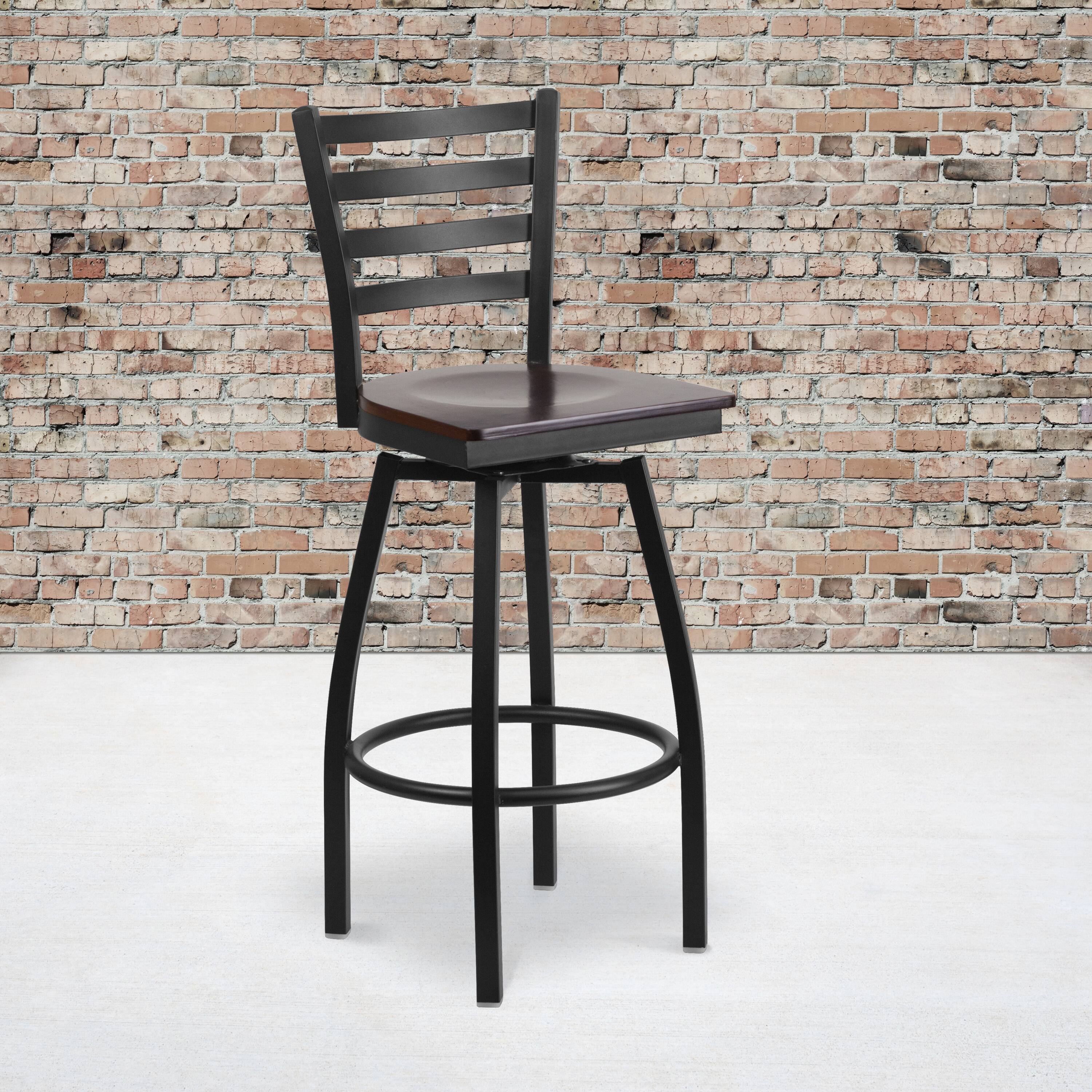 Angle. Flash Furniture - HERCULES Series Black Ladder Back Swivel Metal Barstool - Walnut Wood Seat - Brown.