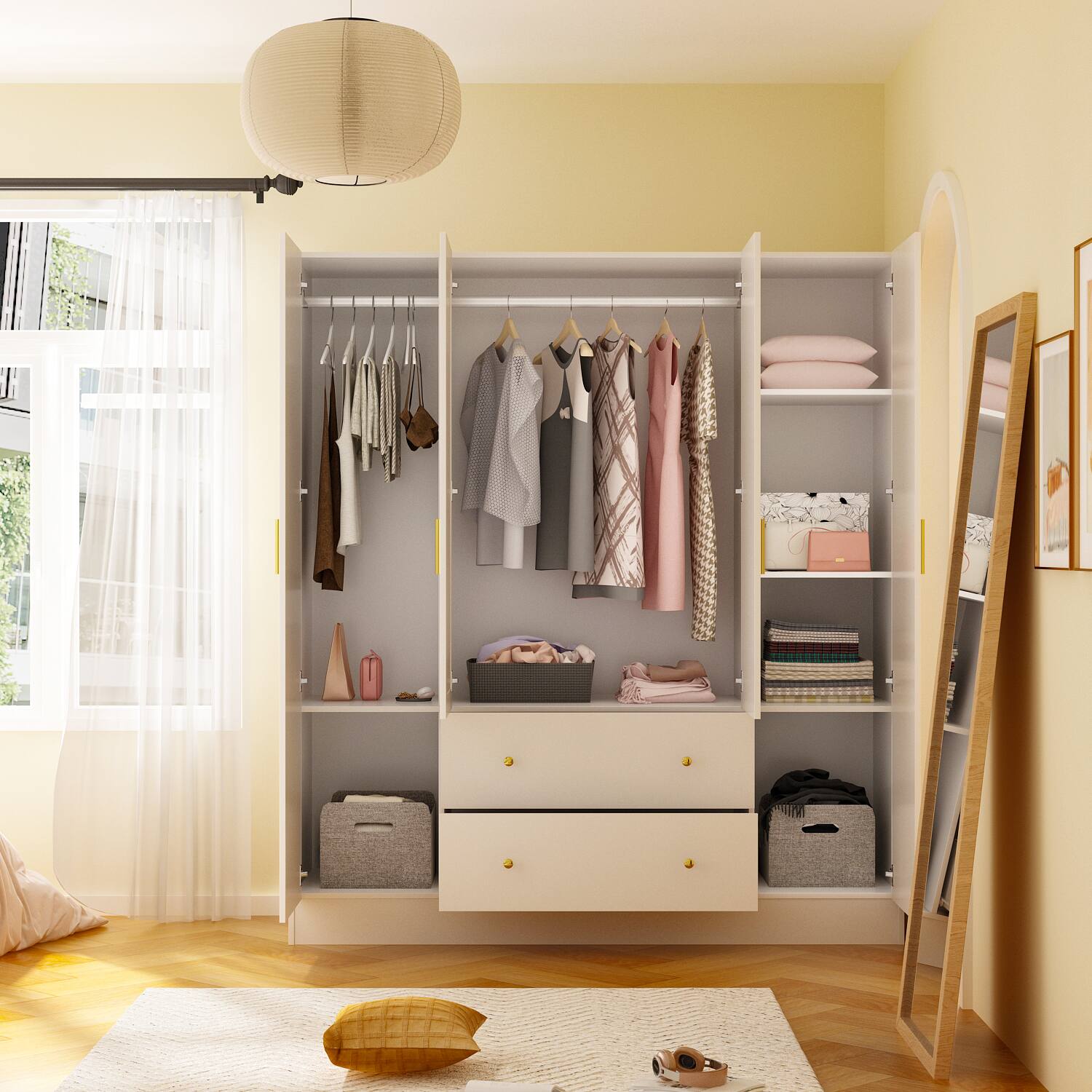 Angle. Famapy - Wardrobe with Mirror and Aluminum Hanging Rod – Modern Closet with Drawers & Open Storage for Organized Clothes - White.