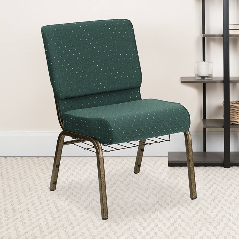 Alt View 1. Emma + Oliver - 4 Pack 21''W Church Chair with Book Rack - Hunter Green Dot Patterned Fabric/Gold Vein Frame.