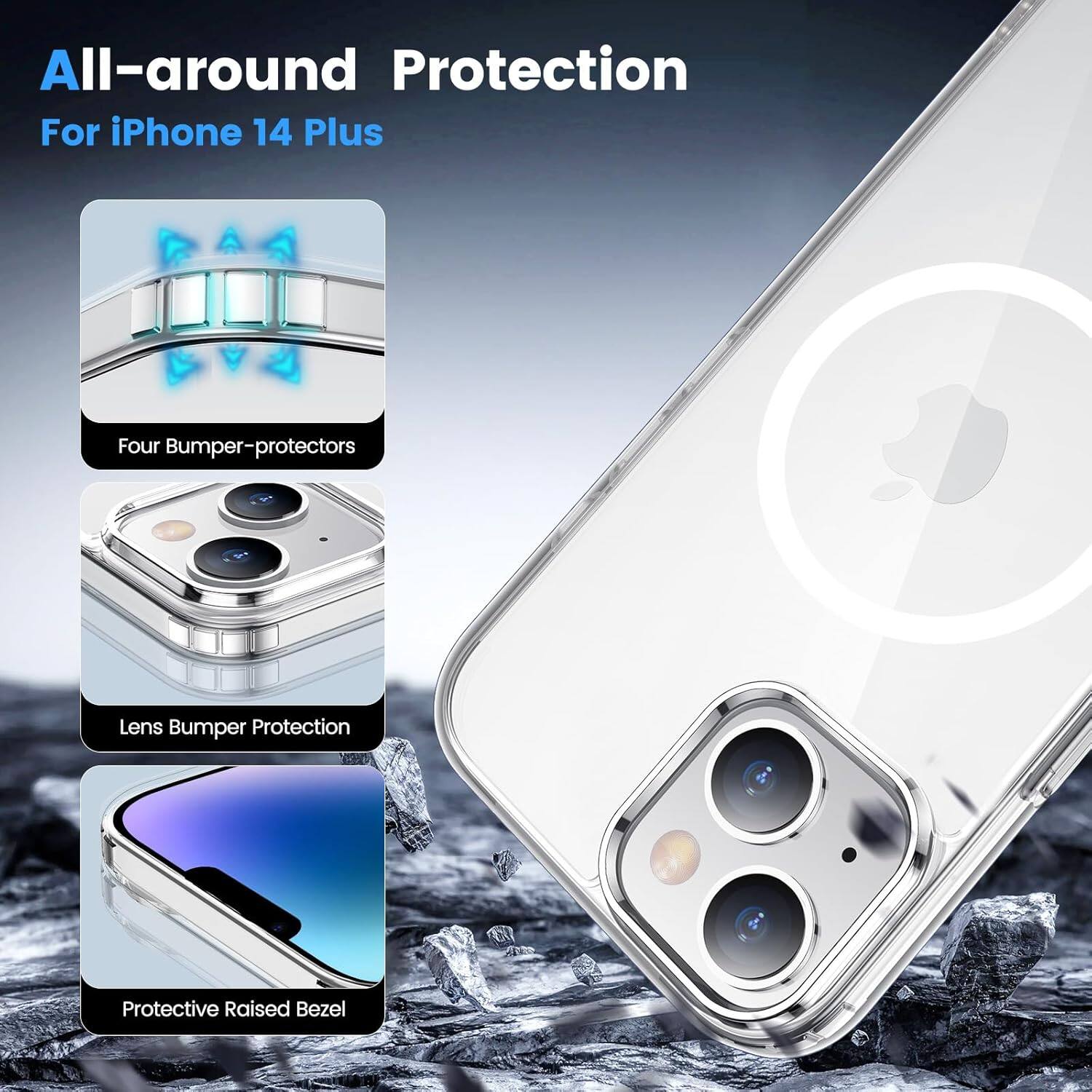 All-around Protection For iPhone 14 Plus

Four Bumper-protectors
Lens Bumper Protection
Protective Raised Bezel