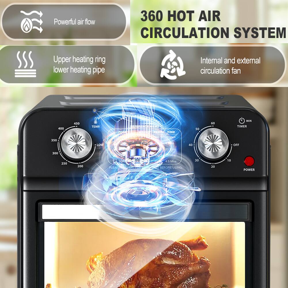 360 HOT AIR CIRCULATION SYSTEM

- Powerful air flow
- Upper heating ring lower heating pipe
- Internal and external circulation fan

TEMP. 400 350 300 250 450 200

TIMER 60 50 40 30 20 MIN

POWER

PLEASE BEFORE USING

4.5 Mins