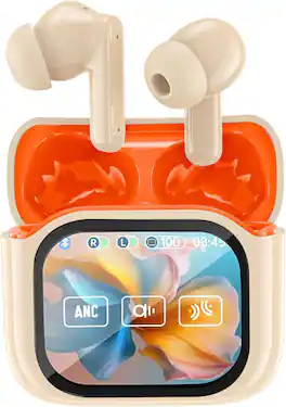 RISOKEYS - Wireless Bluetooth Earbuds with Digital Display, Noise Cancellation - For Travel, Workouts - Off-white