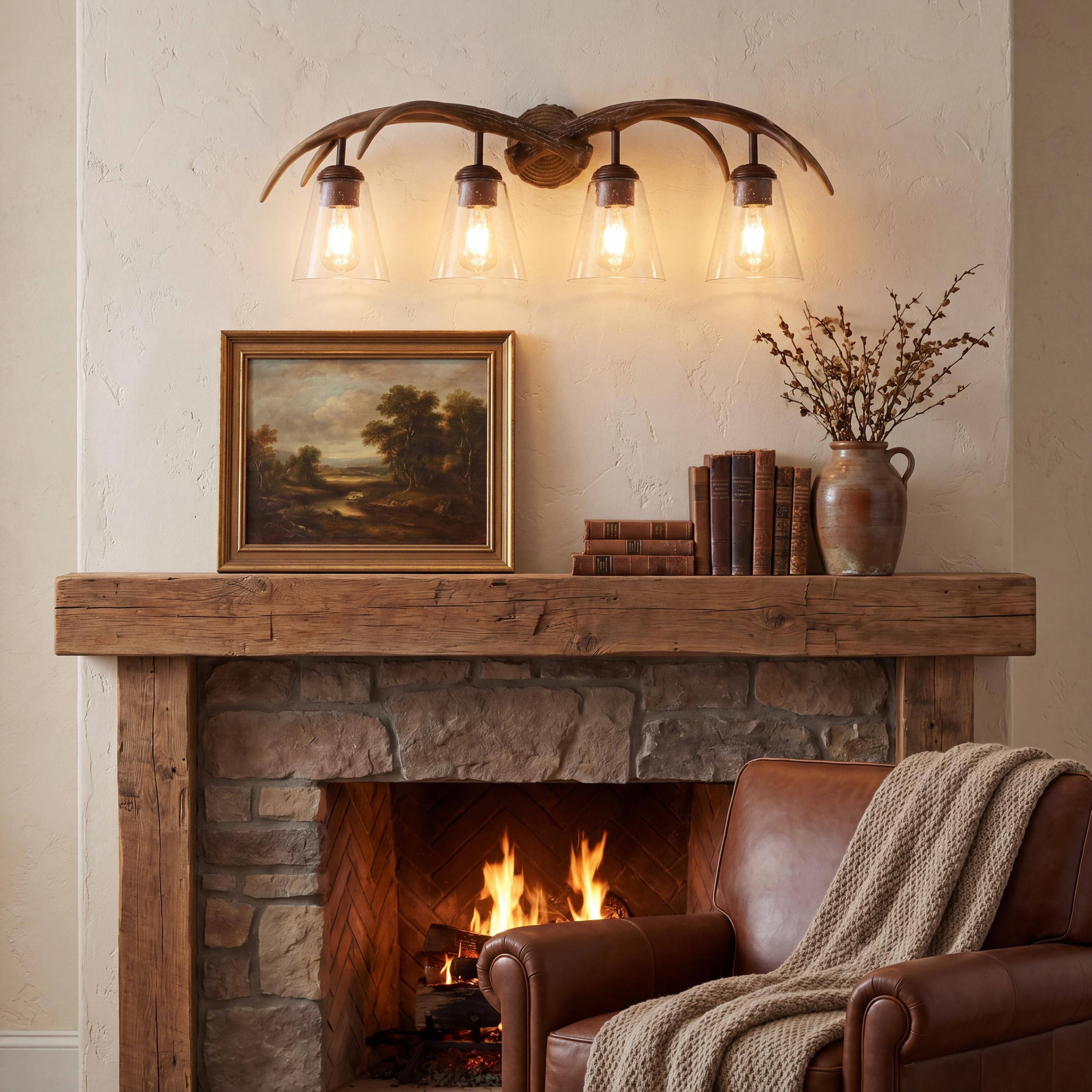 Alt View 8. Jonathan Y - Wyatt 32.5" 4-Light Southwestern Bohemian Resin/Seeded Glass Faux Antler LED Vanity Light, Brown Wood Finish - Brown Wood Finish.