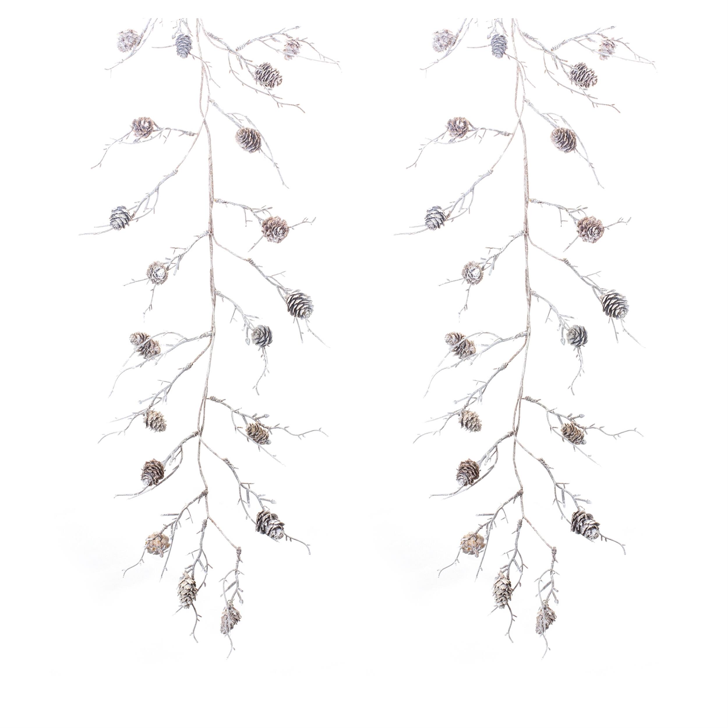 Left. BreeBe - Flocked Pinecone Twig Garland (Set of 2) - Silver.