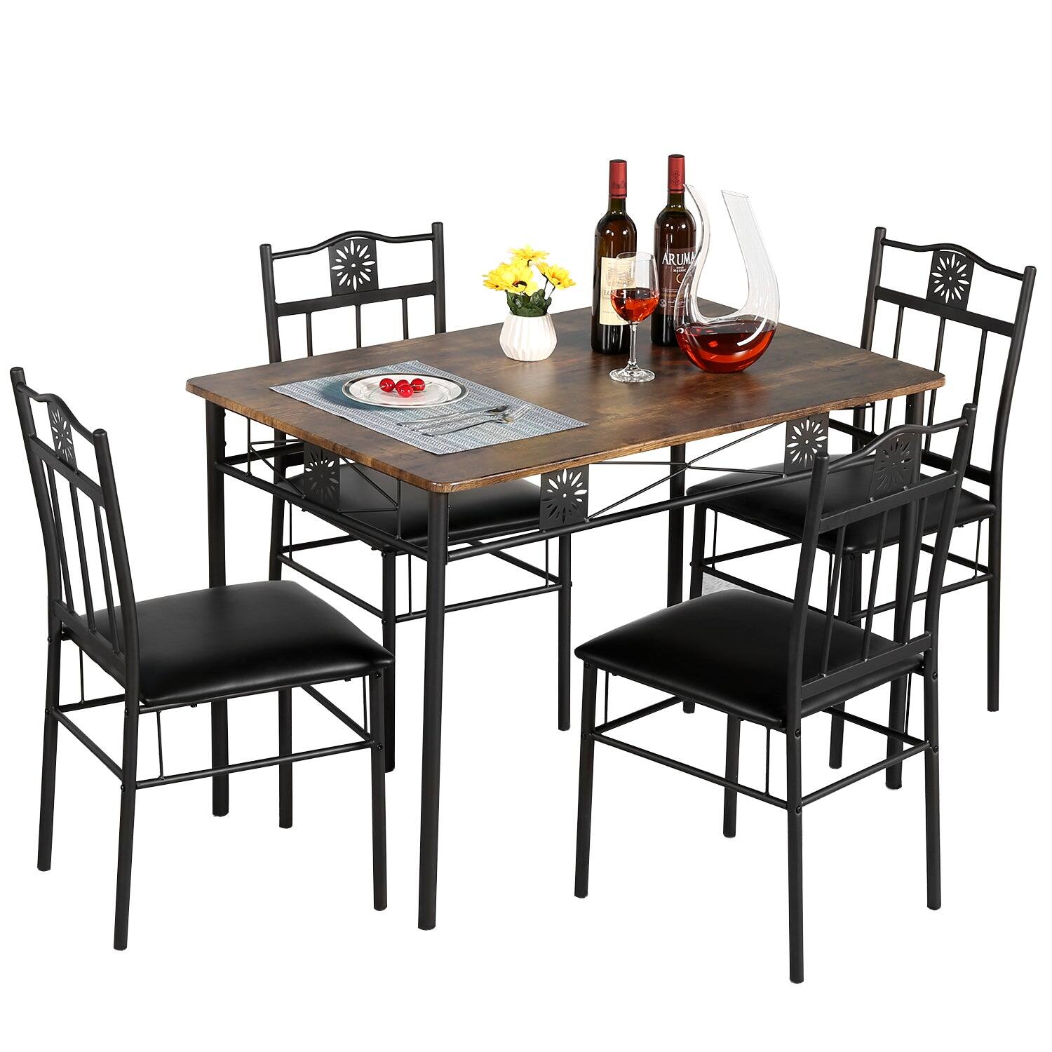 Front. Vecelo - Set Of 5 Wood Top Dining Set - With 4 Pu Leather Upholstered Dining Chairs, 275lb Capacity & Steel Frame - Brown.
