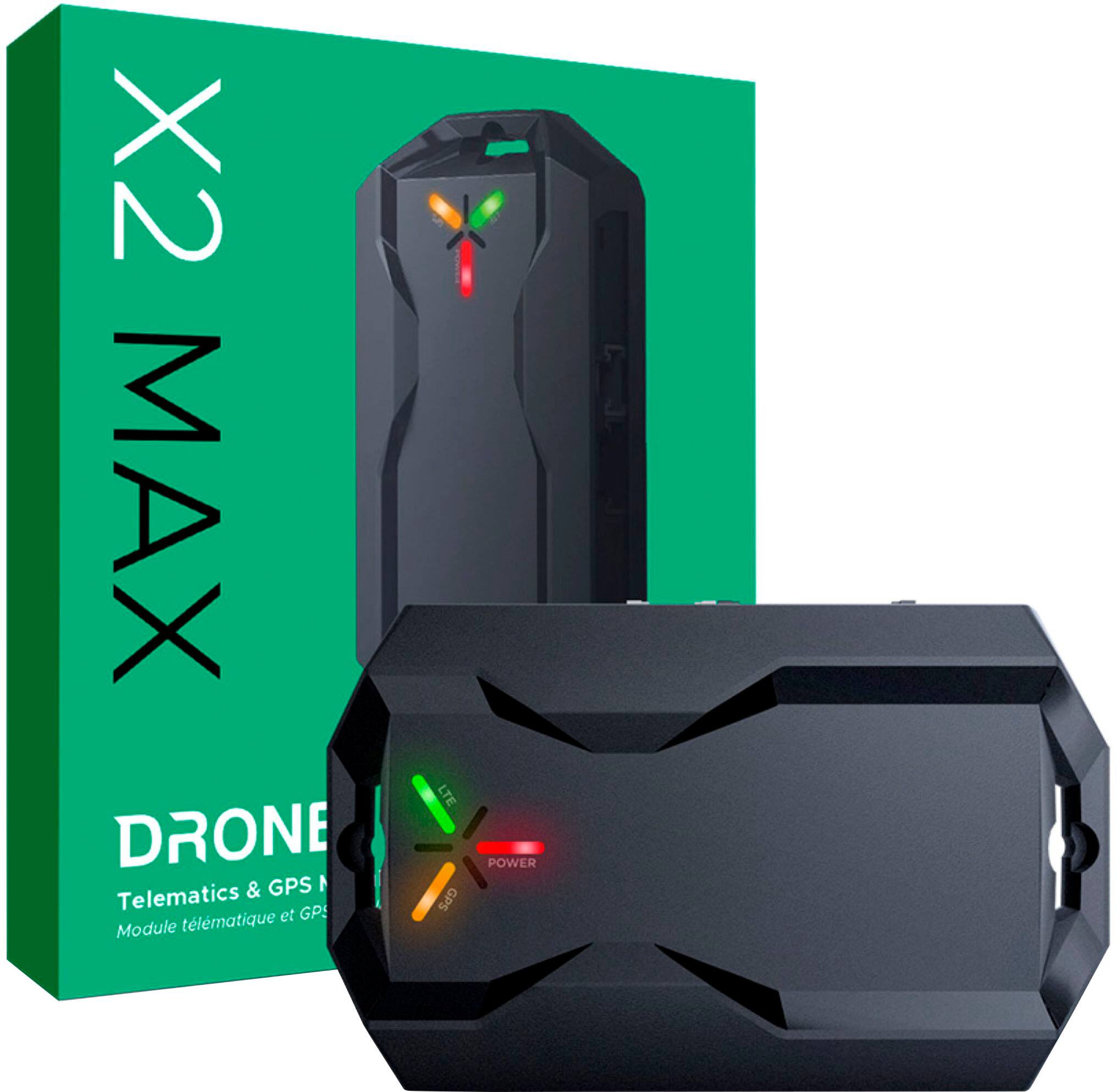 The image features a box containing a drone and a GPS device. The drone is designed to be used with a smartphone, and it has a green and red light on it. The GPS device is a telematics and GPS module, which can be used for tracking and navigation purposes. The box also includes a power adapter for charging the device.