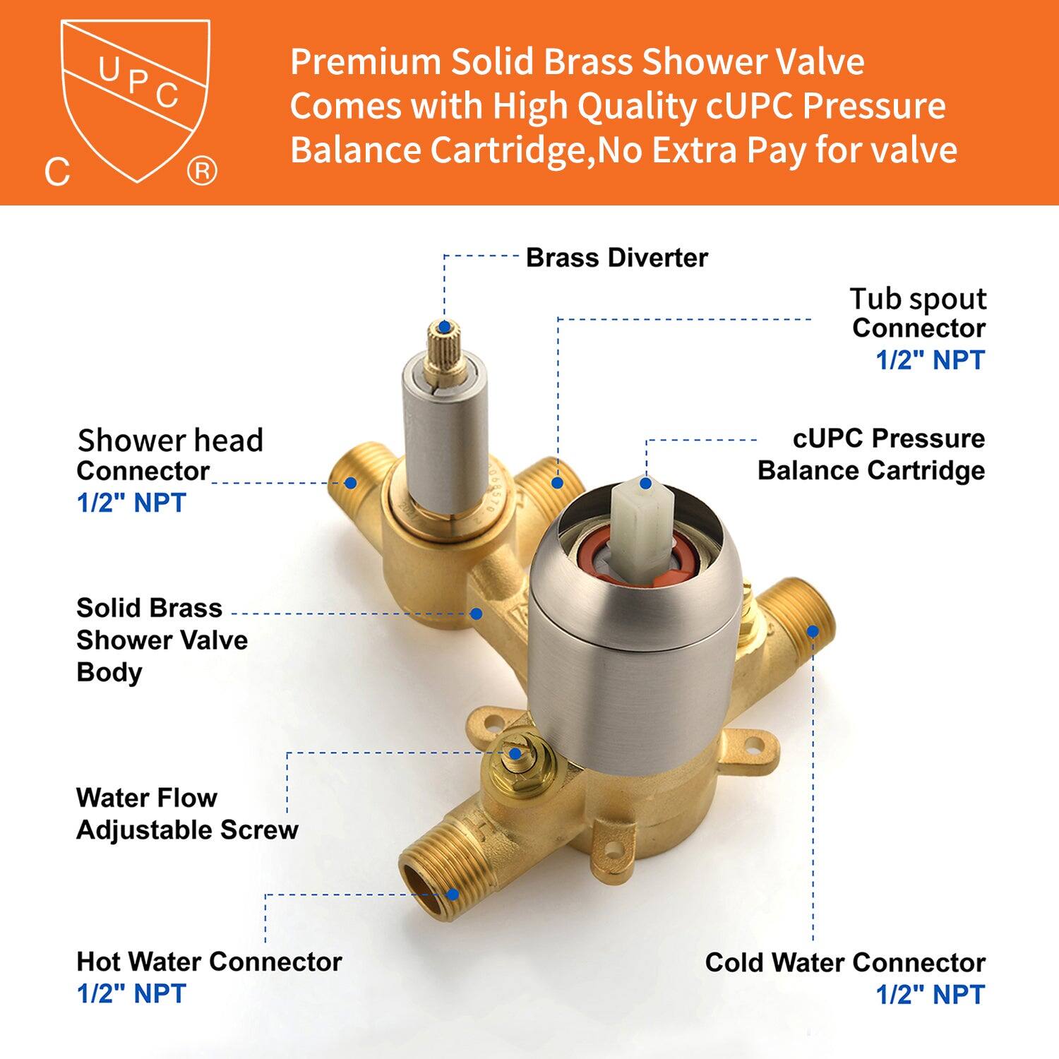 Premium Solid Brass Shower Valve  
Comes with High Quality cUPC Pressure Balance Cartridge, No Extra Pay for valve  

- Shower head Connector 1/2" NPT  
- Solid Brass Shower Valve Body  
- Water Flow Adjustable Screw  
- Hot Water Connector 1/2" NPT  
- Cold Water Connector 1/2" NPT  
- Brass Diverter  
- Tub spout Connector 1/2" NPT  
- cUPC Pressure Balance Cartridge