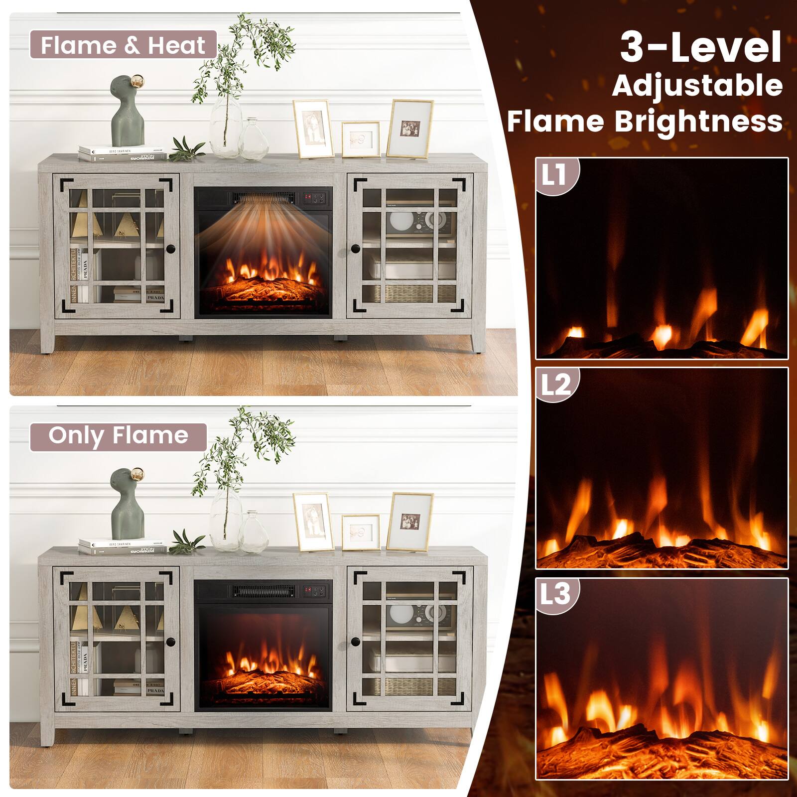 Flame & Heat, 3-Level Adjustable Flame Brightness, L1, L2, Only Flame, L3