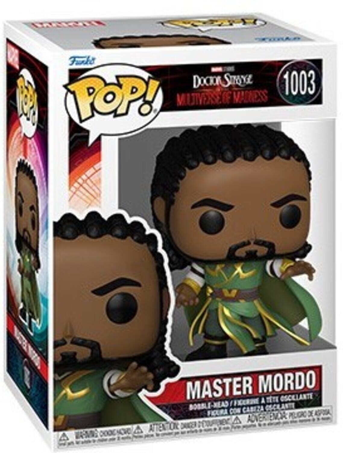 Furke DOCKON SToYE 1003 P POP! MULTIVERSE OF MADNESS WARNING: CHOKING HAZARD MASTER MORDO A  GSCELANTE BOBBLE-HEAD FXCOROE CABIZA OSCRANTE FICURA CON PRLGRO D AA A AOVER EN ATTENTION DAICER  A