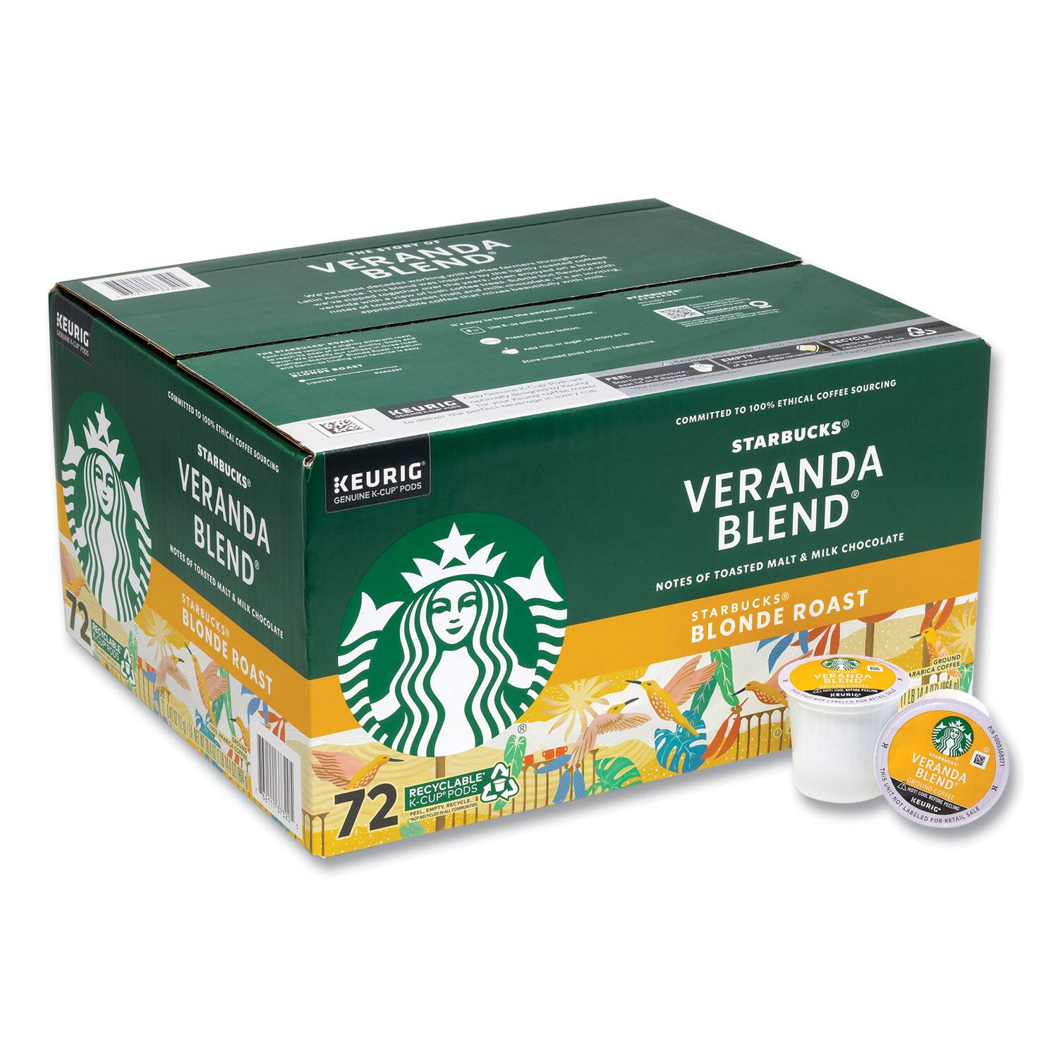 Sure, here is the corrected and grouped text from the image:

---

**STARBUCKS® VERANDA BLEND**

**KEURIG® GENUINE K-CUP PODS**

**72 COUNT**

**COMMITTED TO 100% ETHICAL COFFEE SOURCING**

**NOTES OF TOASTED MALT & MILK CHOCOLATE**

**STARBUCKS® ROAST BLONDE ROAST**

**RECYCLABLE K-CUP PODS**

**KEURIG®**

**STARBUCKS®**

**VERANDA BLEND**

**STARBUCKS® ROAST BLONDE ROAST**

**NOTES OF TOASTED MALT & MILK CHOCOLATE**

**72 COUNT**

**RECYCLABLE K-CUP PODS**

**KEURIG®**

**STARBUCKS®**

**VERANDA BLEND**

**STARBUCKS® ROAST BLONDE ROAST**

**NOTES OF TOASTED MALT & MILK CHOCOLATE**

**72 COUNT**

**RECYCLABLE K-CUP PODS**

**KEURIG®**

**STARBUCKS®**

**VERANDA