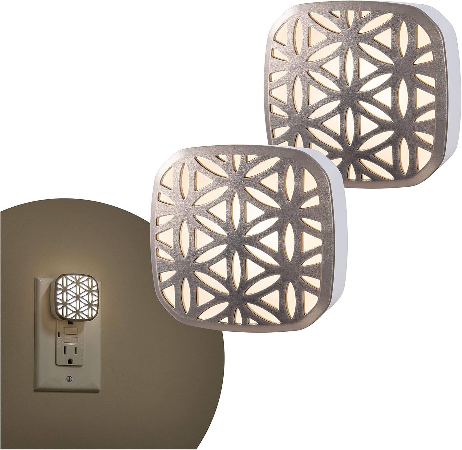 Front. ACJPR - LED Night Light 2-Pack, Brushed Nickel, Dusk-to-Dawn Sensor.