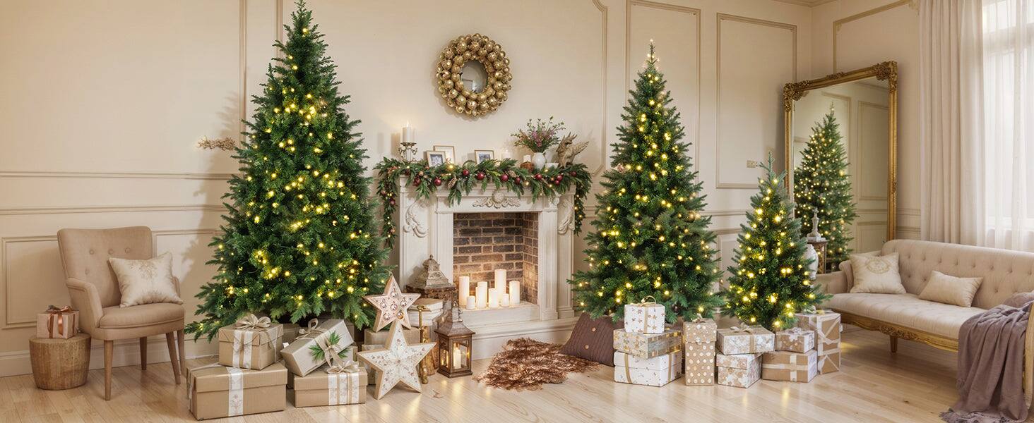 Alt View 1. BreeBe - 8FT, 6FT, 4FT Pre-Lit Green Pine Set of 3 Hinged Xmas Trees with 820 Warm-Yellow LED Lights and 2539 Branch Tips - Green.