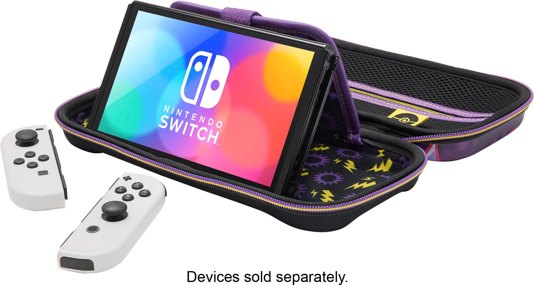 The image shows a Nintendo Switch case that is purple and black in color. The case is designed to hold the Switch console and its accessories. The case is open, revealing the Switch console inside. The image also includes a close-up view of the console, showcasing its design and features. The text "Devices sold separately" is visible in the image, indicating that the case does not include the console or any additional accessories.