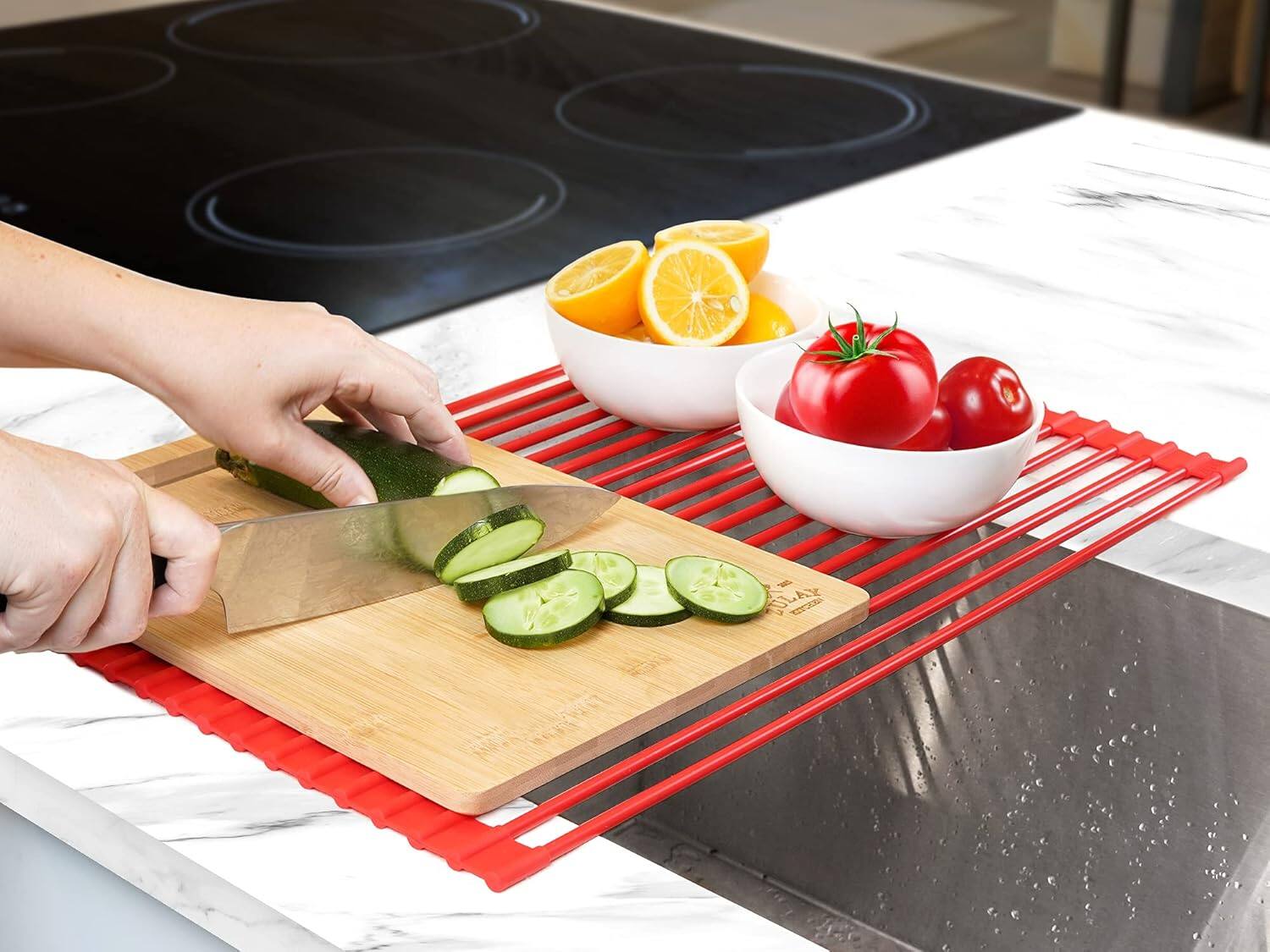 Back. Zulay Kitchen - Zulay Kitchen Large Roll Up Dish Drying Rack & Trivet (20.5 inches x 13 inches) - Red.