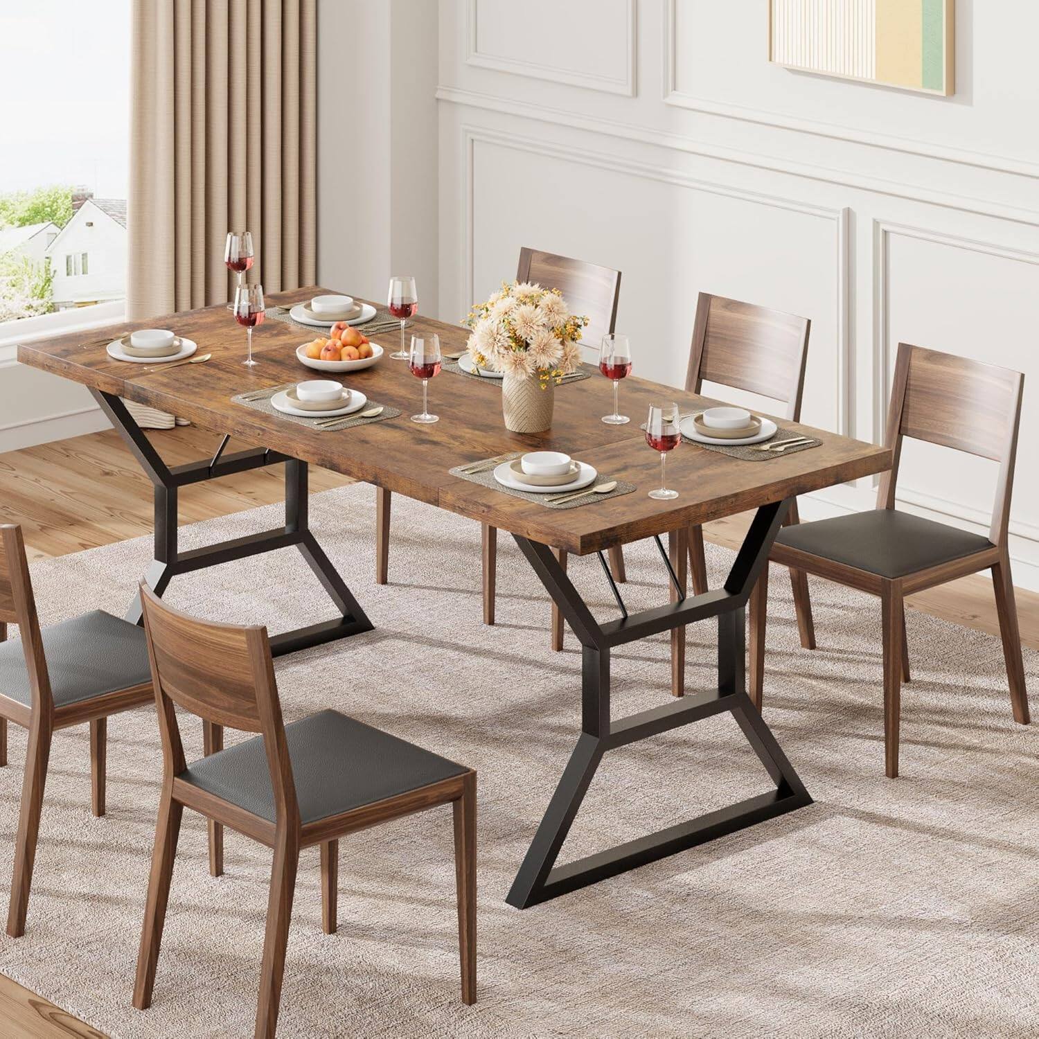 Alt View 2. Jojoka - Kitchen Table 70.9 inch Long Dining Table for 6 Industrial Dinner Table for Dining Room, Home Office, Living Room - Brown.