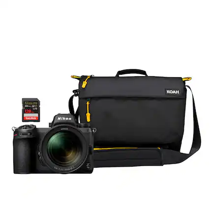 The image features a black Nikon camera bag and a lens. The bag is designed to hold a camera and lens, making it a convenient and protective storage solution for photographers. The camera bag is placed on a white background, which provides a clean and minimalist presentation of the product. The Nikon camera and lens are placed inside the bag, showcasing the bag's functionality and the equipment it can hold.