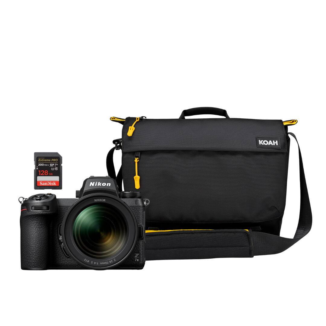 The image features a black Nikon camera bag and a lens. The bag is designed to hold a camera and lens, making it a convenient and protective storage solution for photographers. The camera bag is placed on a white background, which provides a clean and minimalist presentation of the product. The Nikon camera and lens are placed inside the bag, showcasing the bag's functionality and the equipment it can hold.