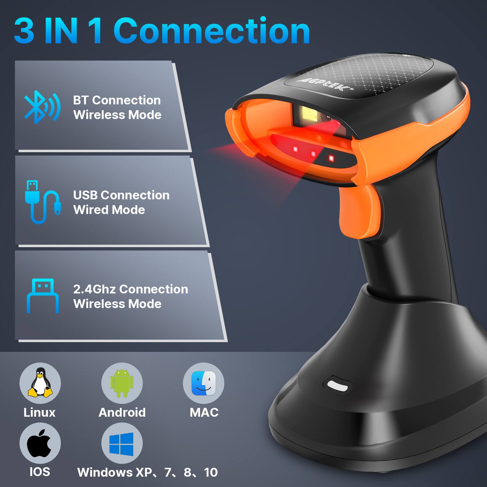 3 IN 1 Connection

- BT Connection
  - Wireless Mode

- USB Connection
  - Wired Mode

- 2.4Ghz Connection
  - Wireless Mode

Supported Platforms:
- Linux
- Android
- MAC
- iOS
- Windows XP, 7, 8, 10