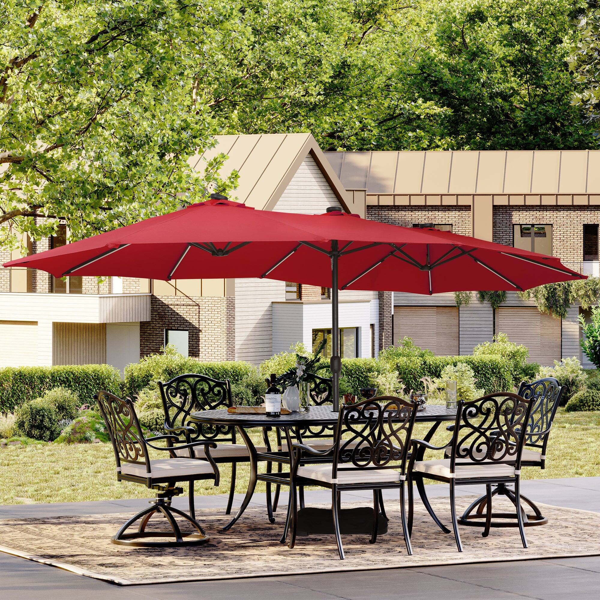 Alt View 1. Boyel Living - Red 15 FT Double-Head Patio Umbrella with Base with Solar Detachable Lights.