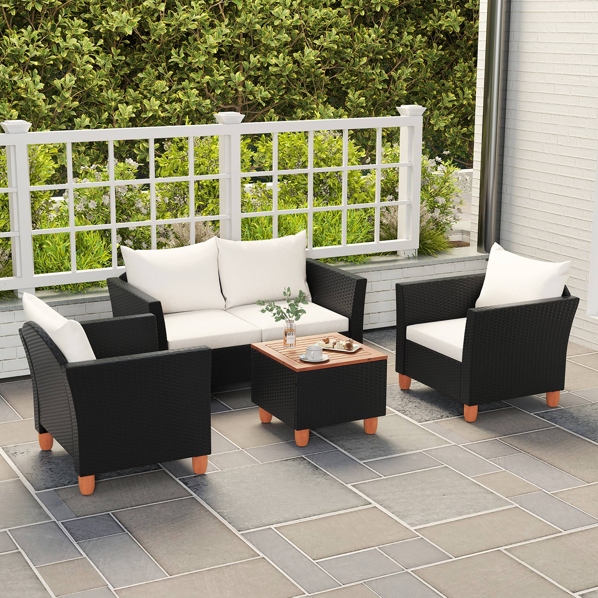Front. Gymax - Gymax 4 Piece Outdoor Conversation Set Patio Cushioned Chairs w/ Storage Coffee Table - Off White.