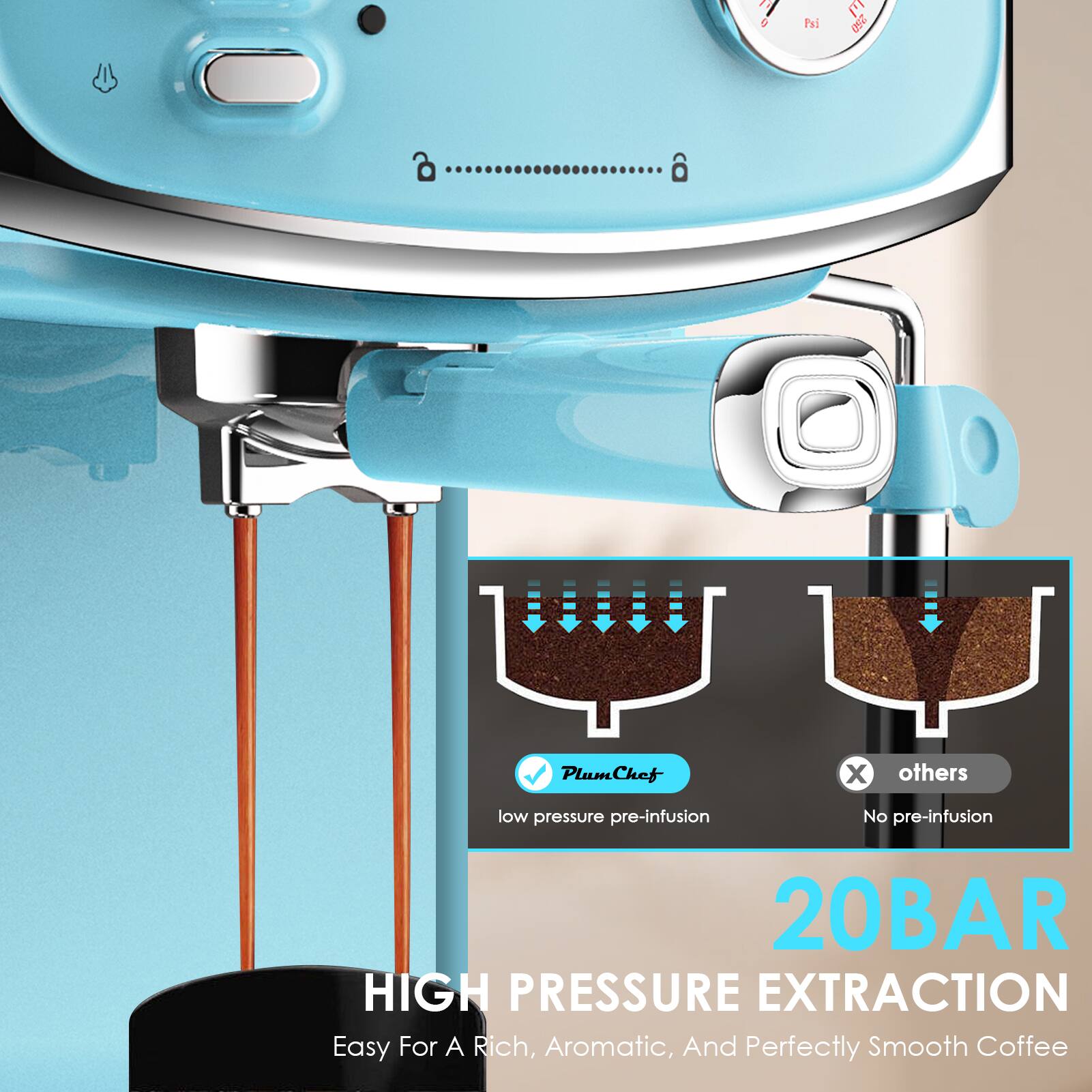 - PlumChef
- low pressure pre-infusion
- 20BAR HIGH PRESSURE EXTRACTION
- Easy For A Rich, Aromatic, And Perfectly Smooth Coffee