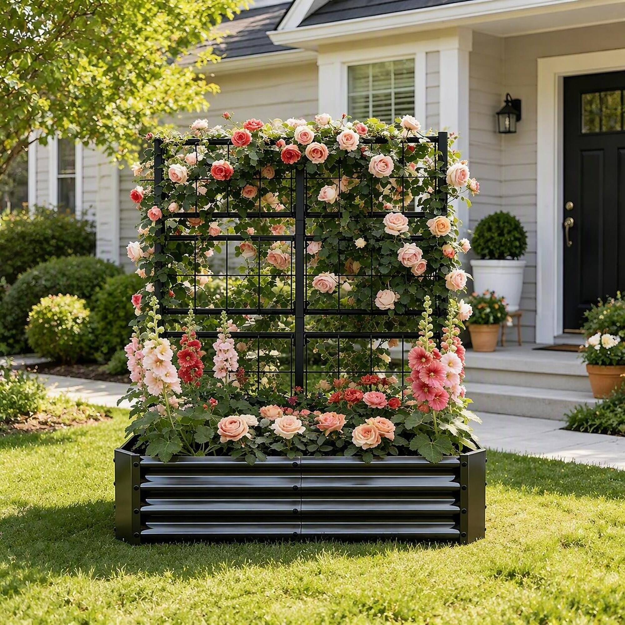 Alt View 1. RYHNUYNE - Galvanized Metal Raised Garden Bed 4x2x1FT with Arch Trellis for Climbing Plants, Heavy Duty Outdoor Planter Box - Black.