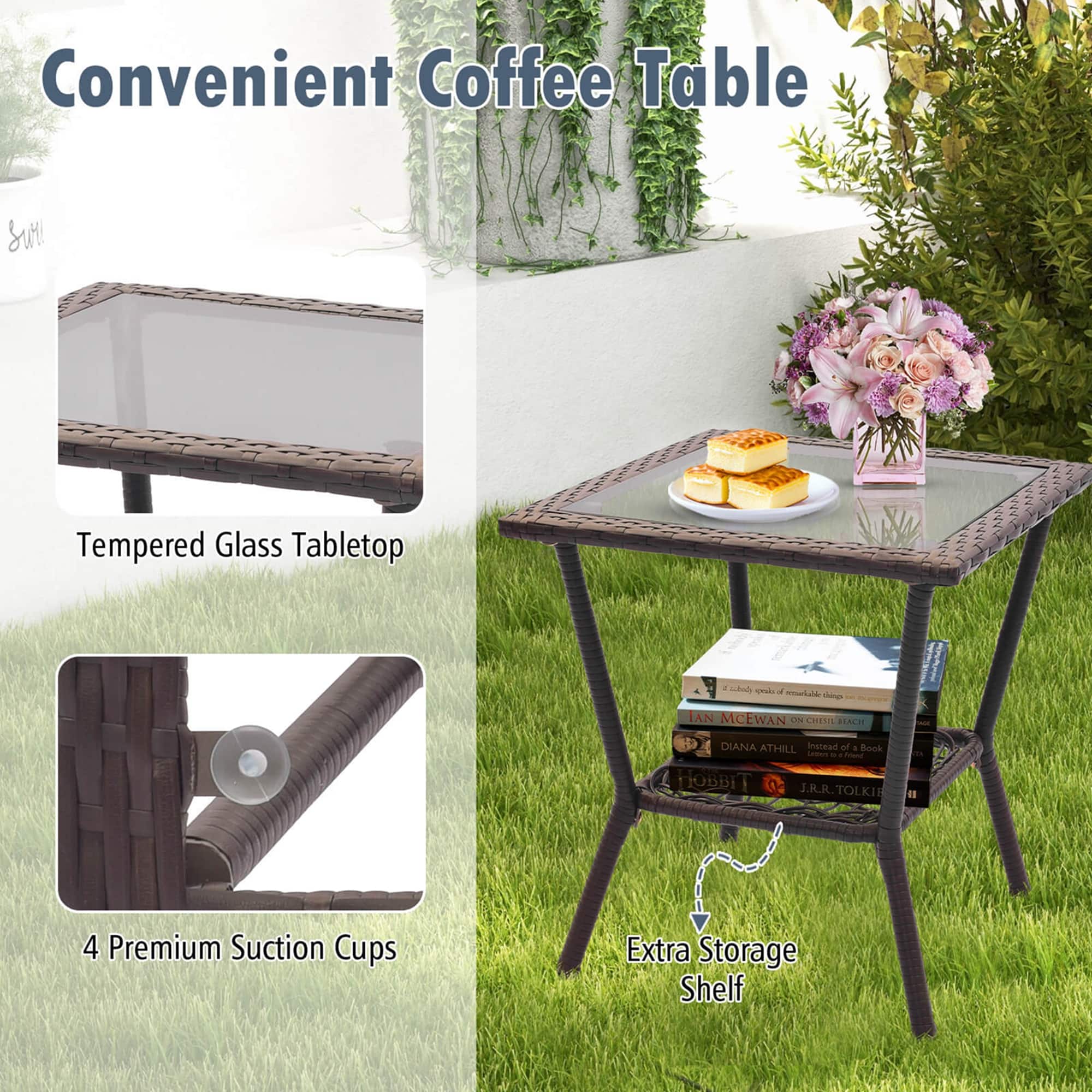Convenient Coffee Table: Tempered Glass Tabletop - a - Chemex - A McEwan Se Diana Athill Instead of Book Lemon - - Hobbit J.R.R. Tolkien a 4 Premium Suction Cups Extra Storage Shelf