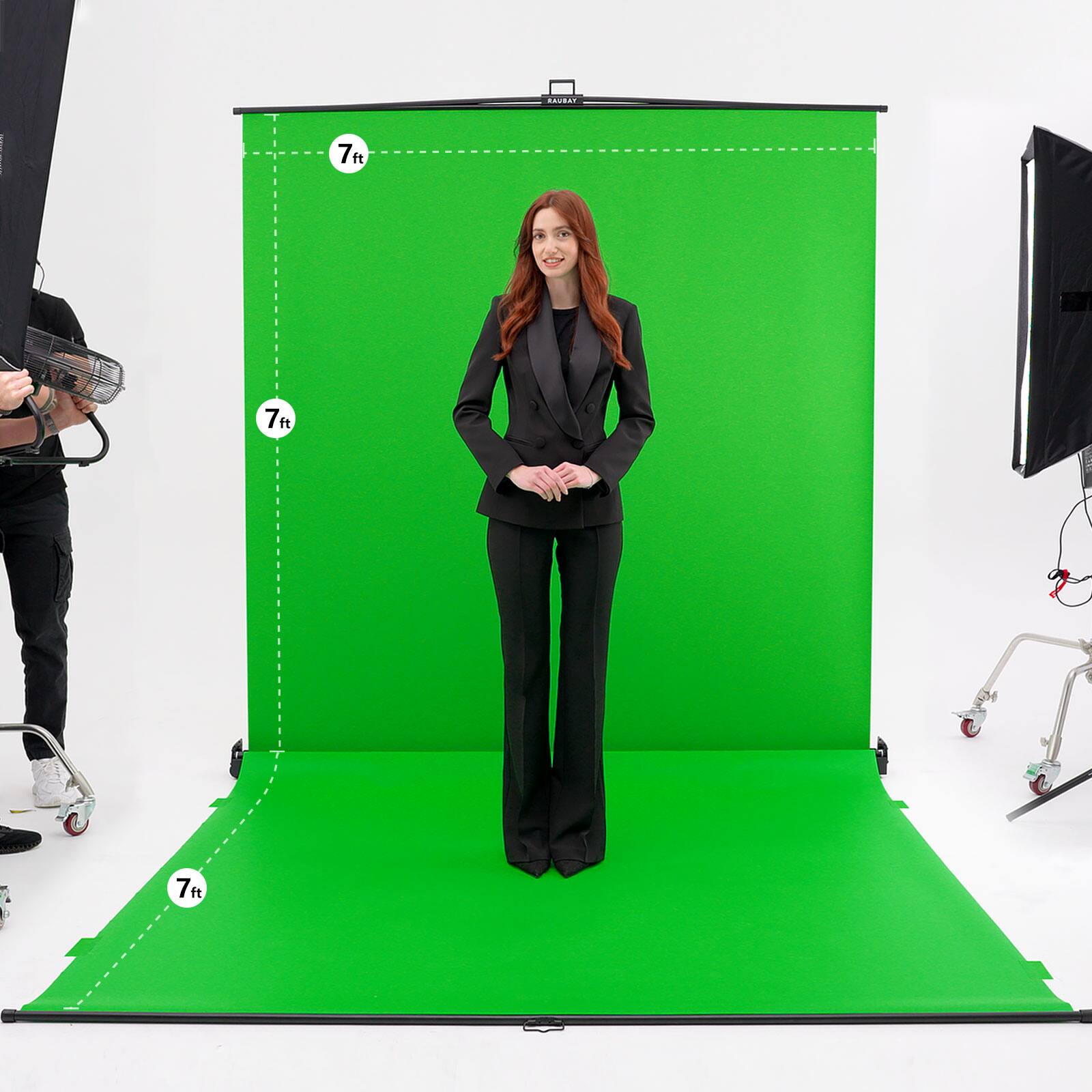 Left. RAUBAY - Collapsible Green Screen – FloorFlex Backdrop with Floor Extension 7x7x7 ft - Portable Retractable Chroma Key Background - Green.