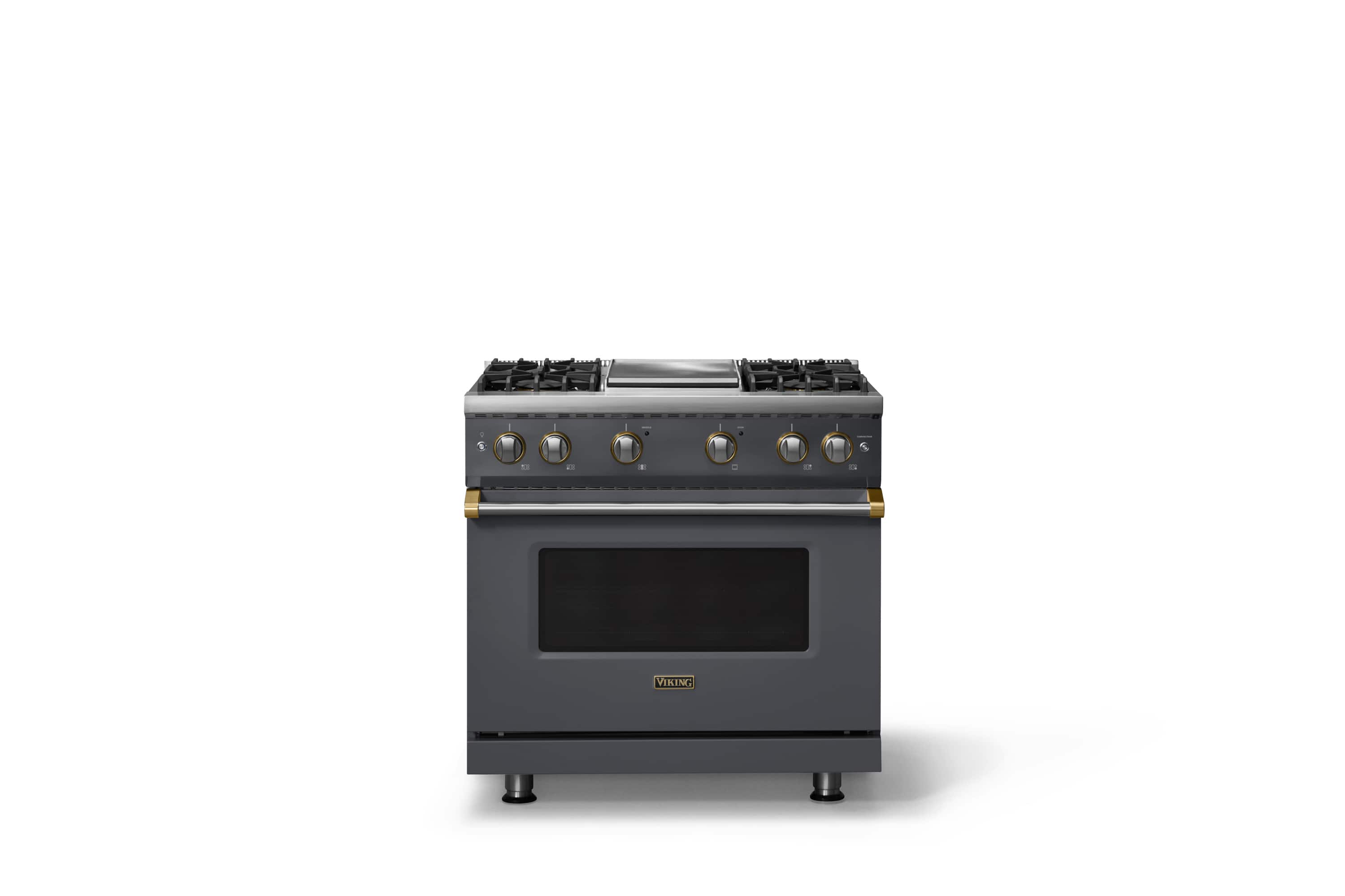 Front. Viking - 36 in. Wide Pro 5 Series 5.1 Cu. Ft. Freestanding Sealed 4 Burner Gas Convection Range - Cast Black w. Brushed Brass - Cast Black.