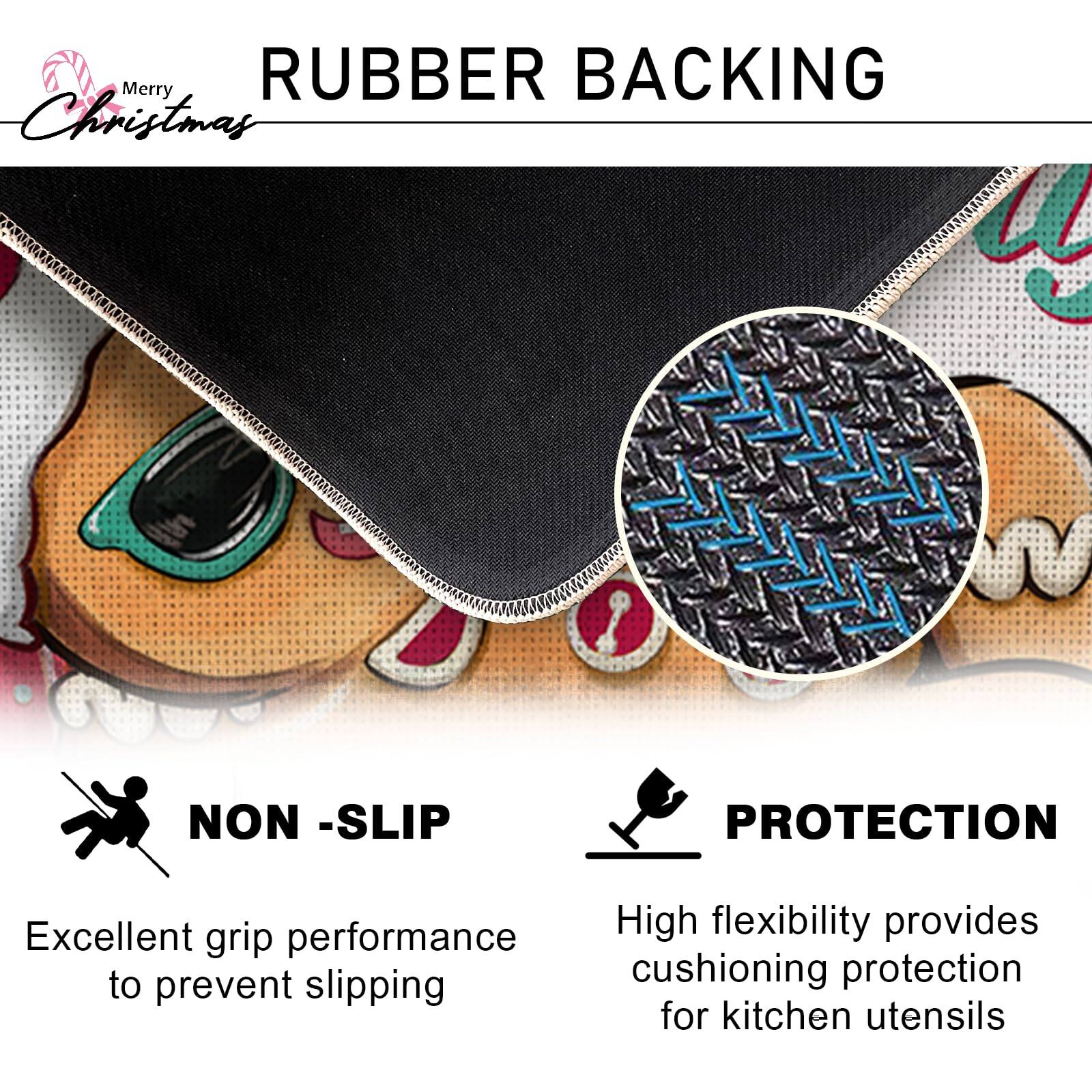Merry Christmas

RUBBER BACKING

NON-SLIP  
Excellent grip performance to prevent slipping

PROTECTION  
High flexibility provides cushioning protection for kitchen utensils