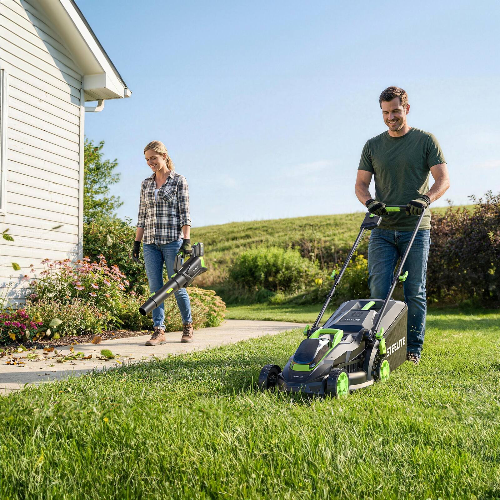Alt View 2. Steelite - 13-Inch Cordless Electric Lawn Mower & Leaf Blower Combo 21V with 4.0Ah & 2.0Ah Batteries & Charger.