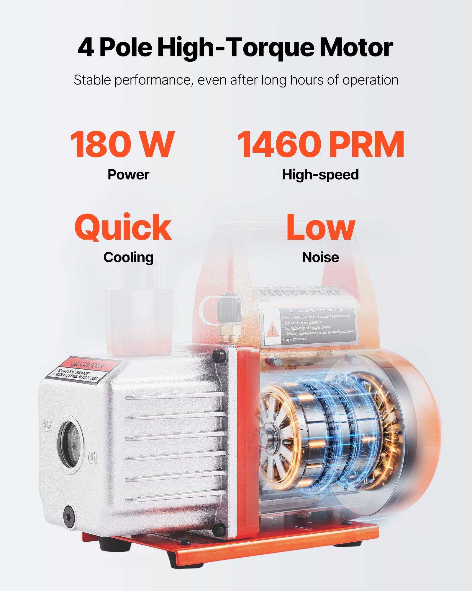 4 Pole High-Torque Motor  
Stable performance, even after long hours of operation  

180 W Power  
1460 PRM High-speed  

Quick Cooling  
Low Noise  

VACUUM PUMP  

CAUTION  
DANGER