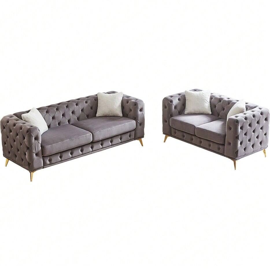 Alt View 3. Trinkets Crazed - Chesterfield Sofa Set Of 2 For Living Room,Modern Upholstered Deep Seat Velvet Loveseat And 3-Seater Sofa Couch - Gray.