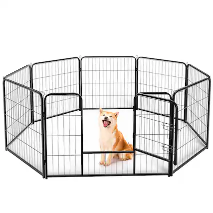 Front. AENKYO - 32" Dog Playpen 8 Panel Metal Exercise Pen with Door for Outdoor, Garden, Yard.