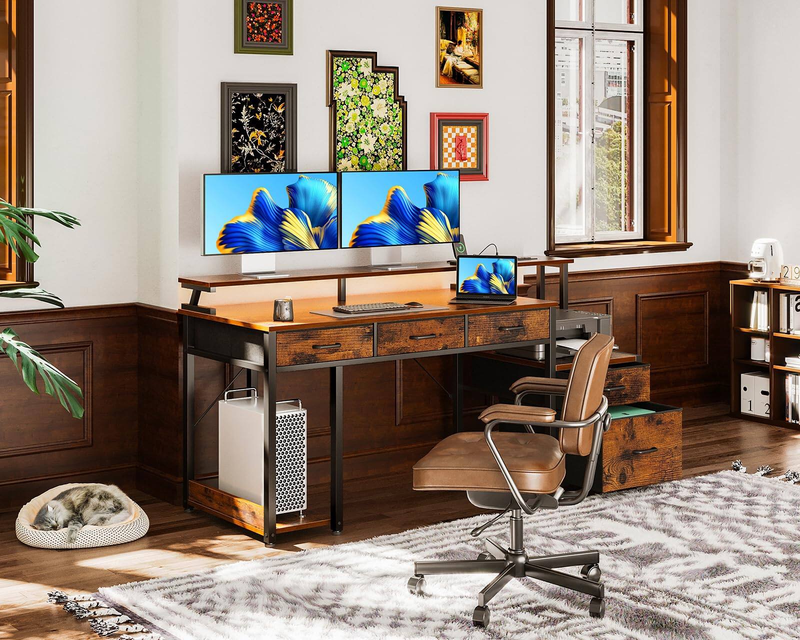 Alt View 1. Fabibe - 55 Inch Computer Desk With 3 Drawers And File Cabinet For Storage Office Monitor Stand Led Lights Home Desks Vintage - Default.