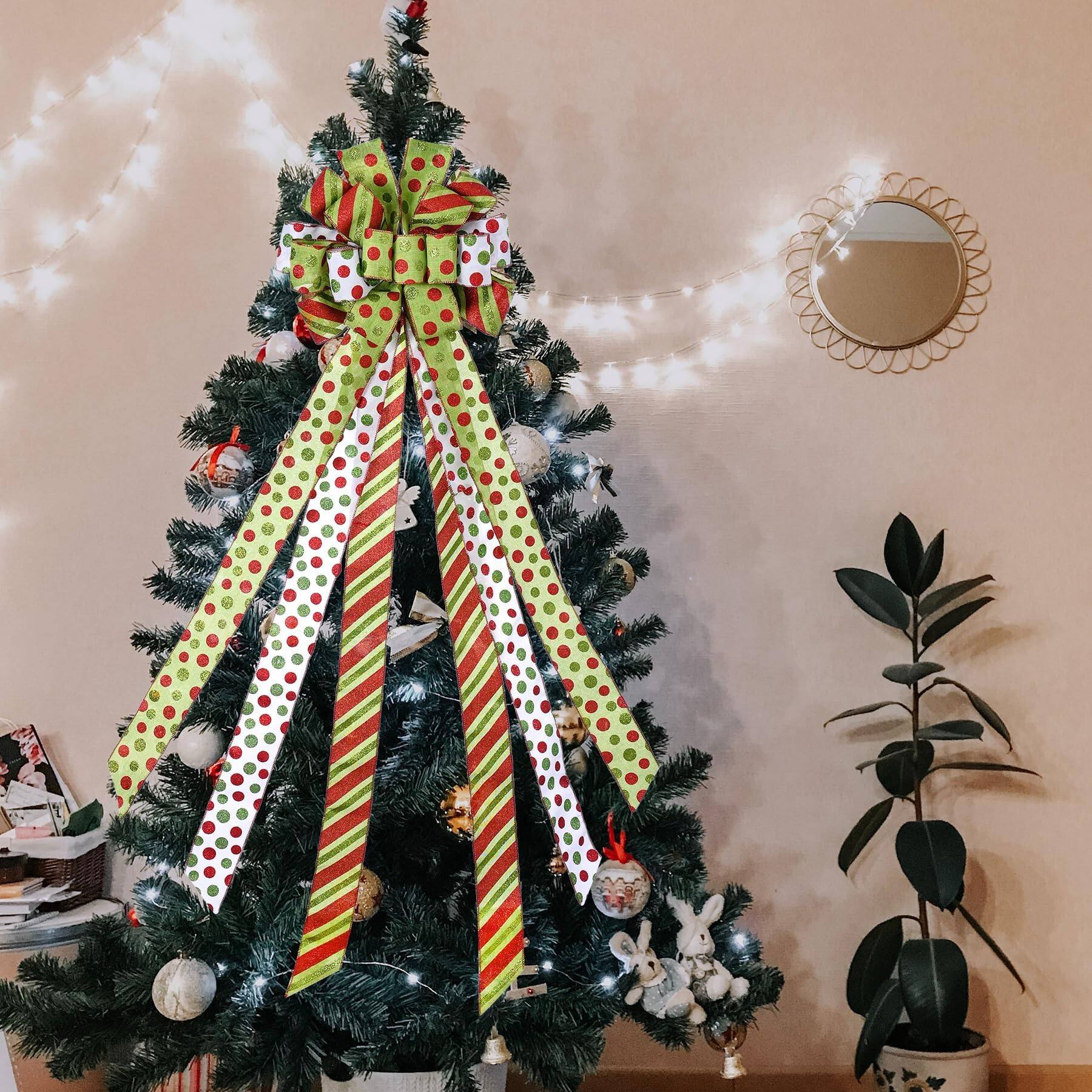 Back. PARKER SLATER - Christmas Tree Topper Wreath Bow Large Green Red Dot Polyester Gift Bows For Xmas Ornament Holiday Home - Lightgreen Dots & Strip.