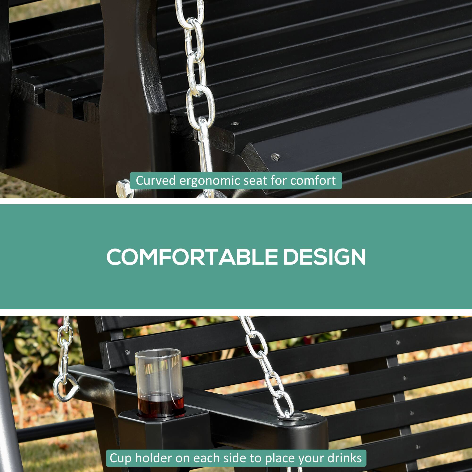 Curved ergonomic seat for comfort. COMFORTABLE DESIGN. Cup holder on each side to place your drinks.