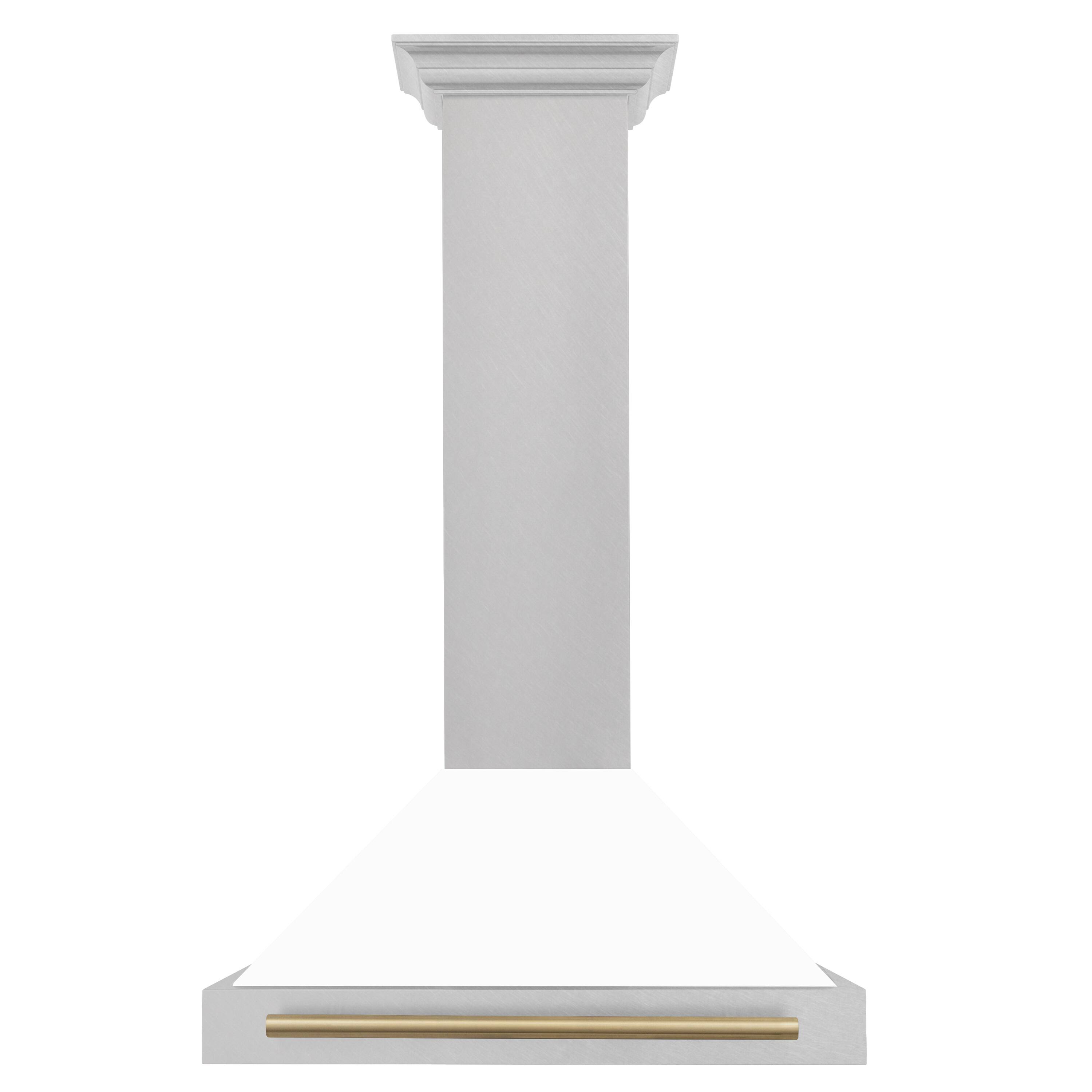 Left. ZLINE - Autograph 30 in. Convertible Satin Stainless Steel Wall Mount Range Hood with White Matte Shell and Champagne Handle - Stainless steel.