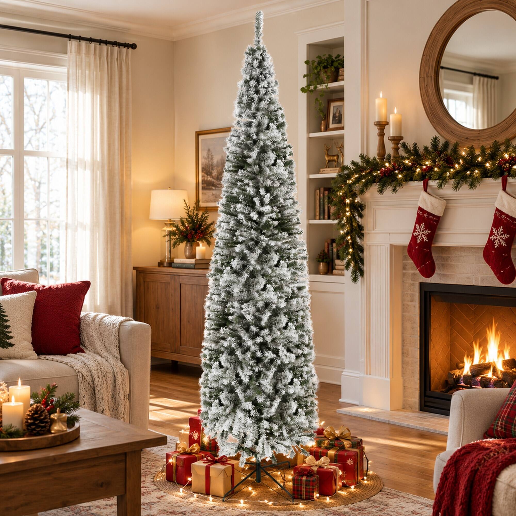 Angle. RYHNUYNE - 9 Ft Unlit Snow Flocked Slim Artificial Christmas Tree With 1014 Tips, Metal Stand Narrow Holiday Home Decor - Green.